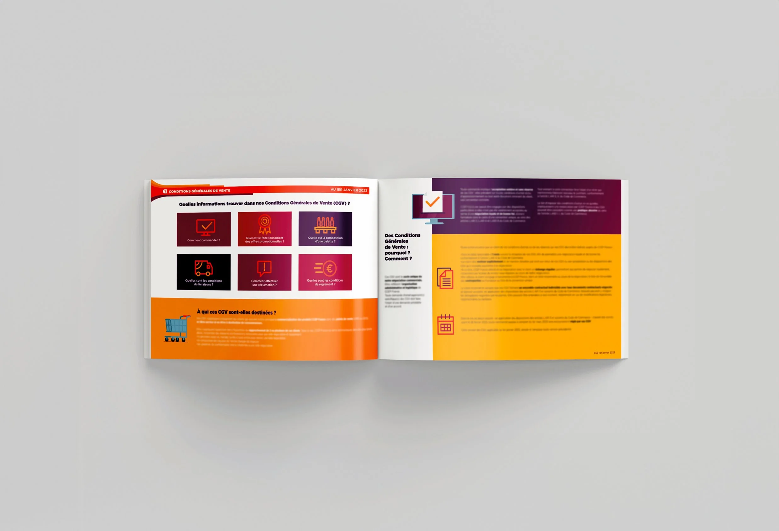 Legal design des Conditions Générales de Vente BtB avec structuration des informations, création de repères visuels et rédaction en langage juridique clair.