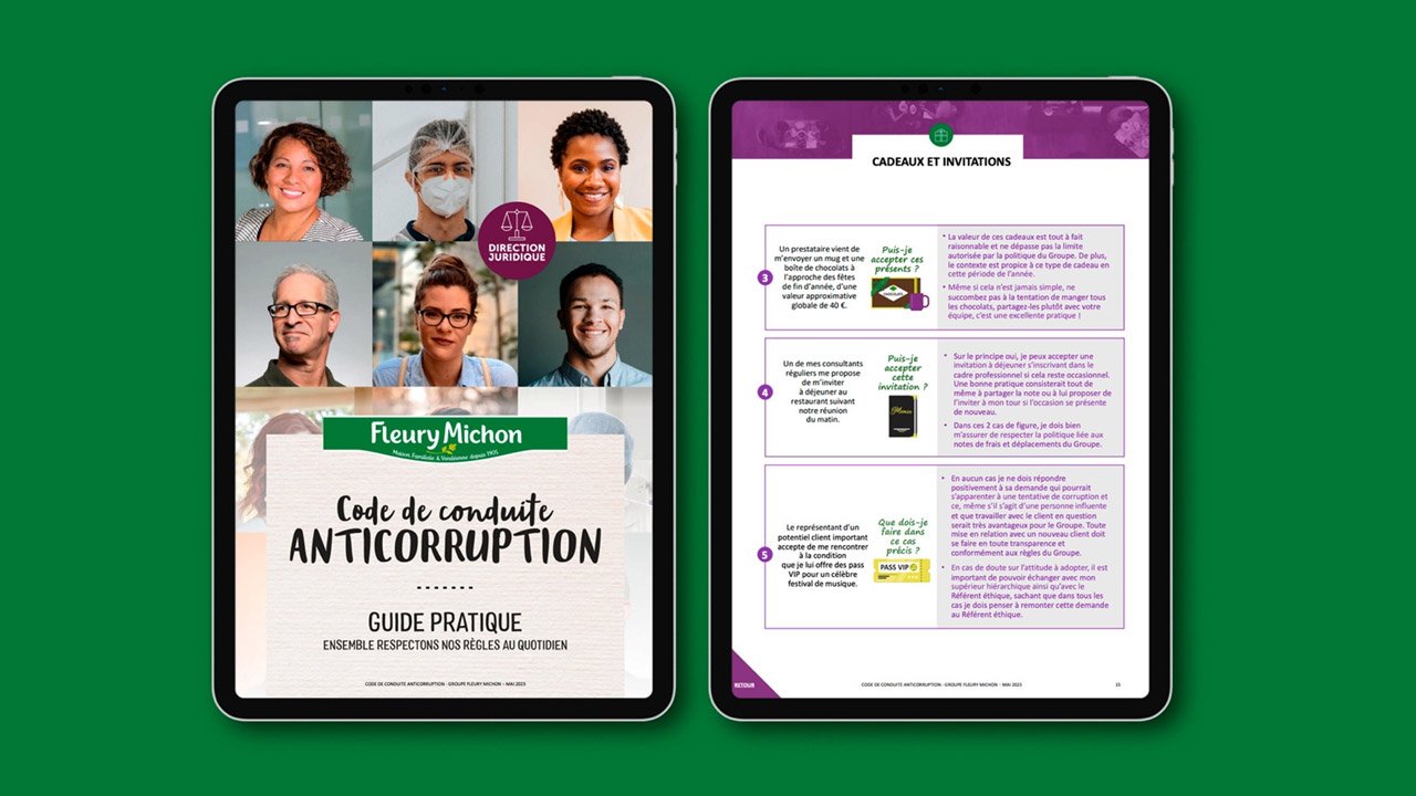 Legal design du code de conduite anticorruption avec explications accessibles et pratiques notamment sur les cadeaux et invitations, conflit d'intérêts, dons.