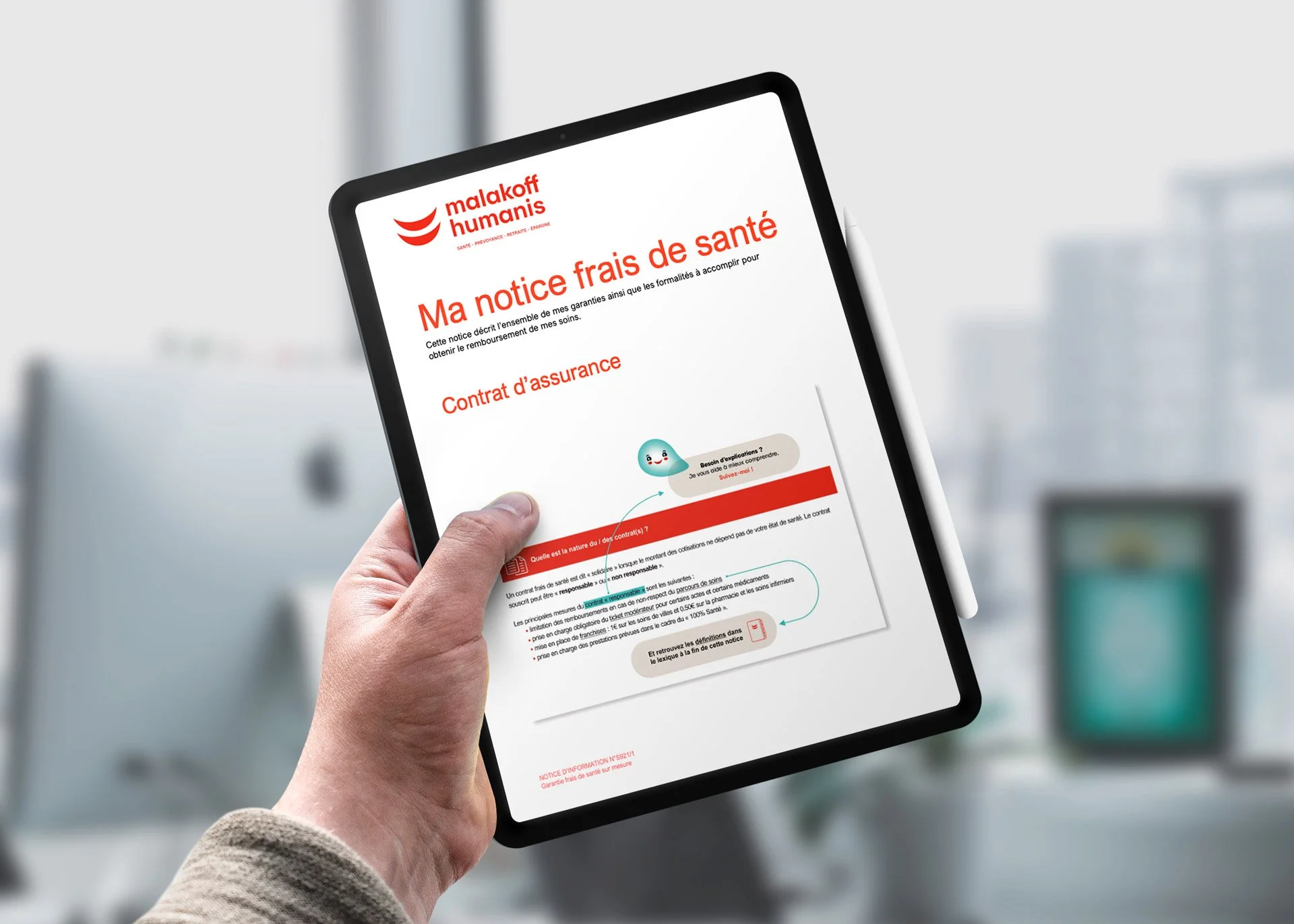 Legal design d'une notice frais de santé décrivant l'ensemble des garanties de façon accessible, avec termes définis et infographies associées.
