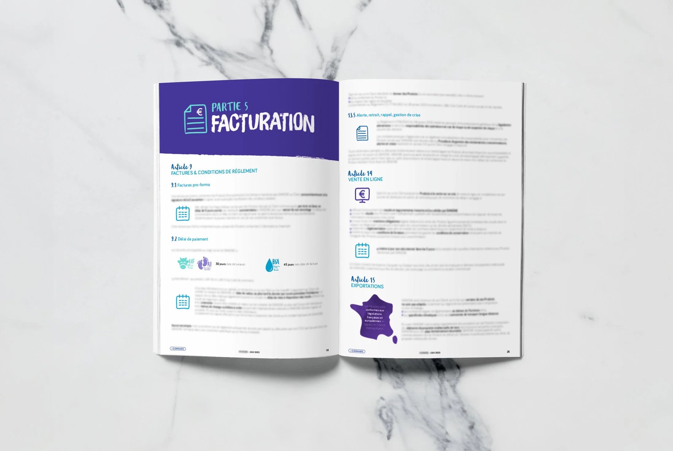 Legal design des conditions générales de vente avec structuration des informations, rédaction en langage juridique clair et intégration de repères visuels.