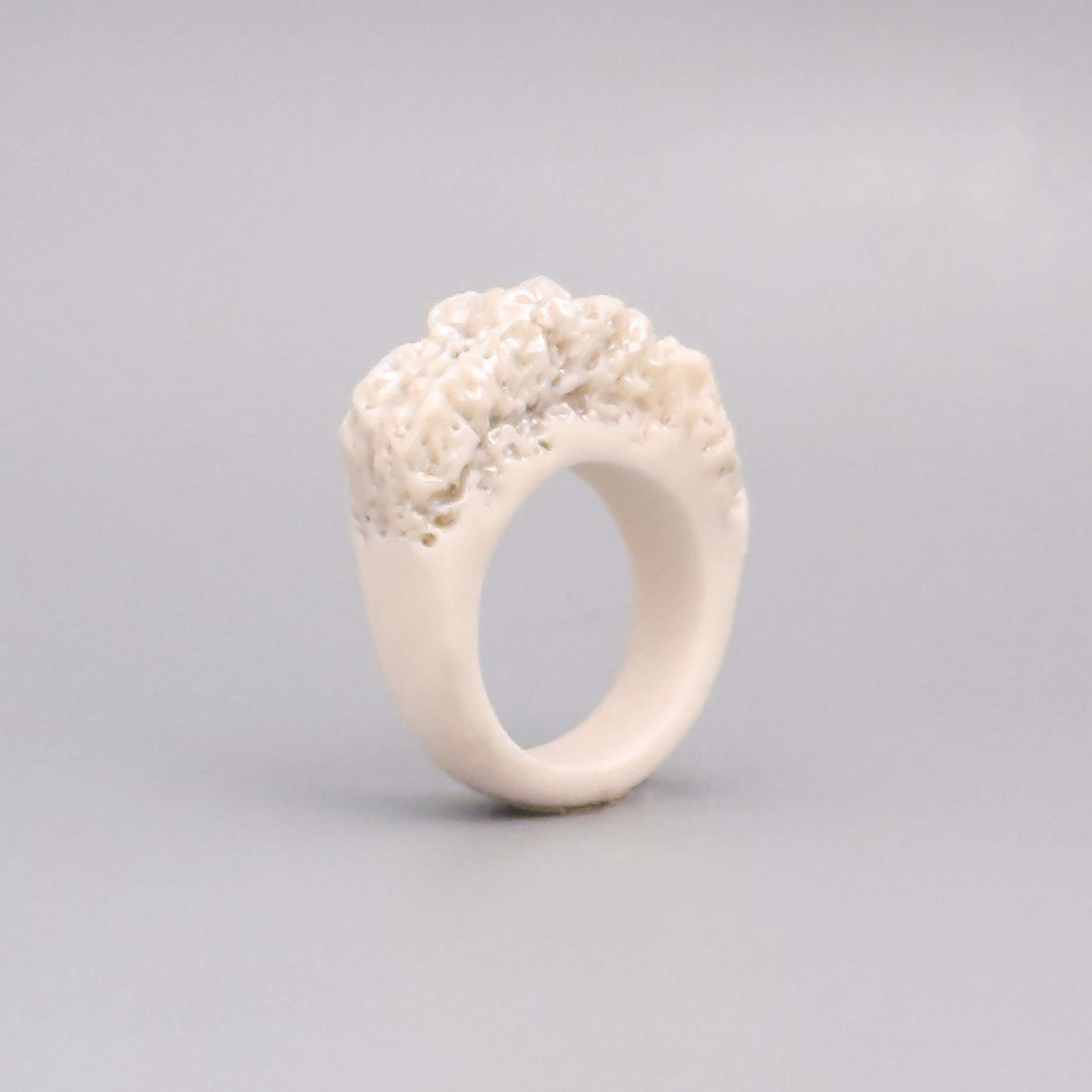 White porcelain coral ring with glossy crown and matte band – handmade ceramic statement ring from Brooklyn