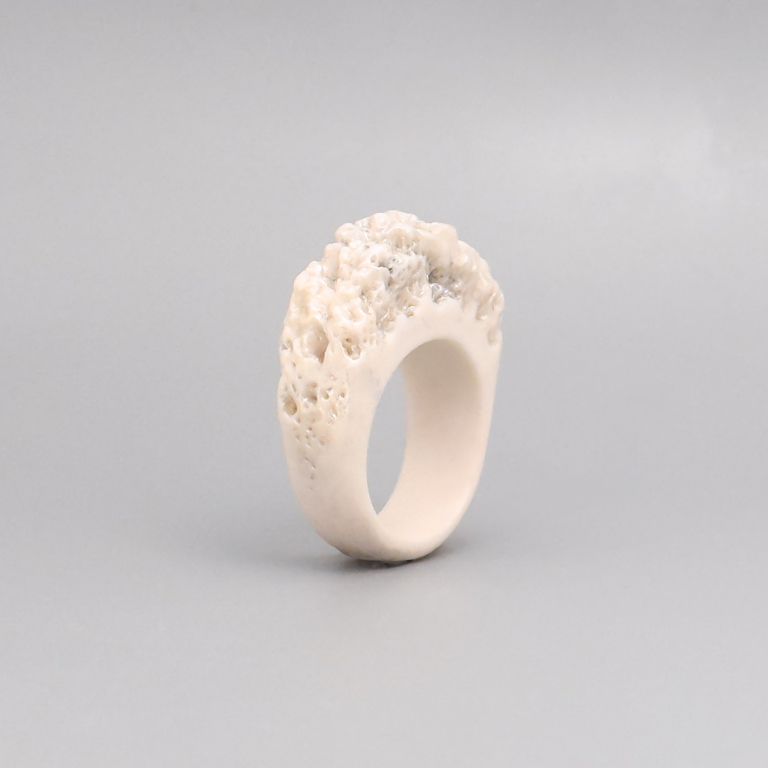 Contemporary porcelain jewelry made in Brooklyn – coral-inspired ring with iridescent mother-of-pearl finish