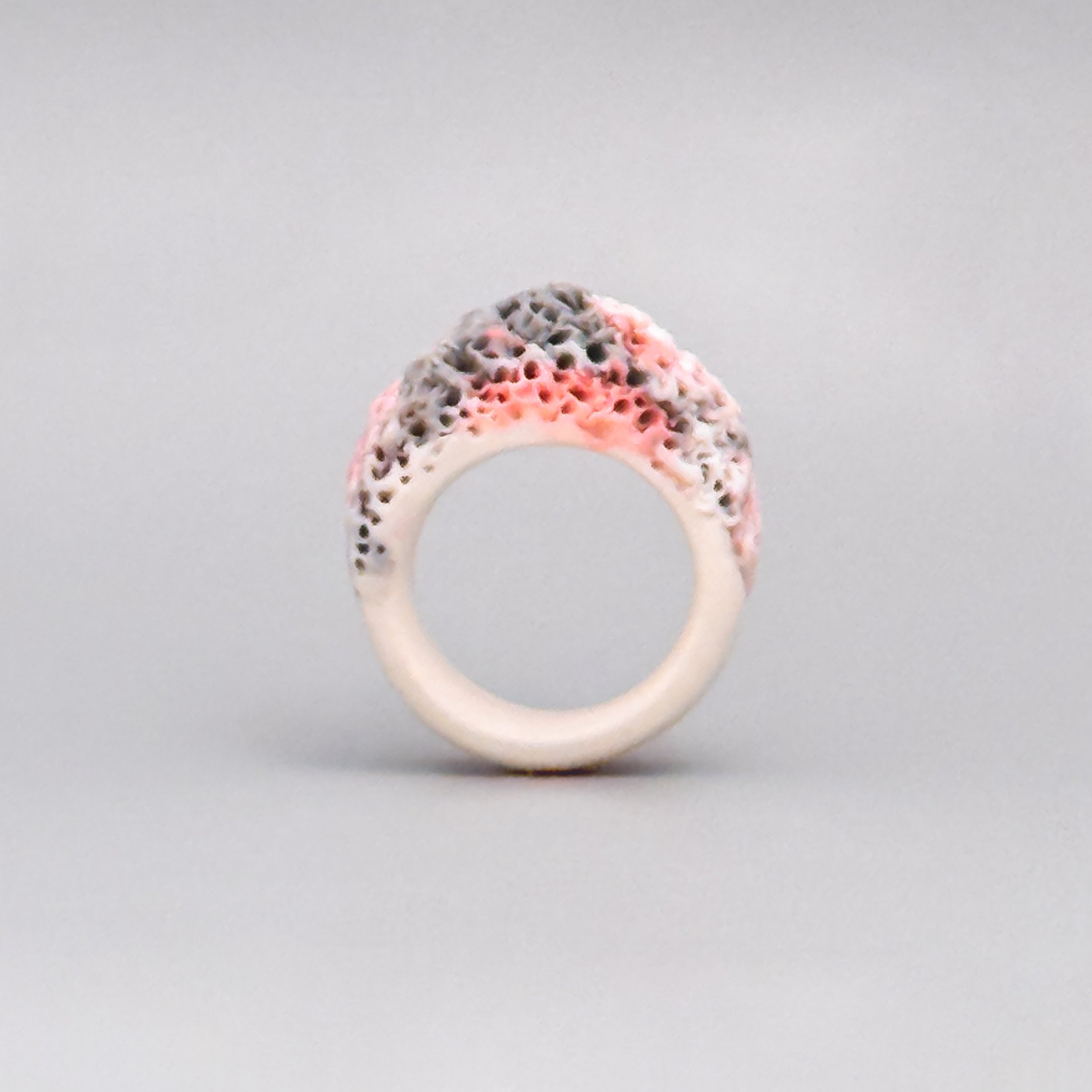 Handmade coral-inspired porcelain ring in pink and gray with textured crown – hypoallergenic ceramic jewelry made in Brooklyn