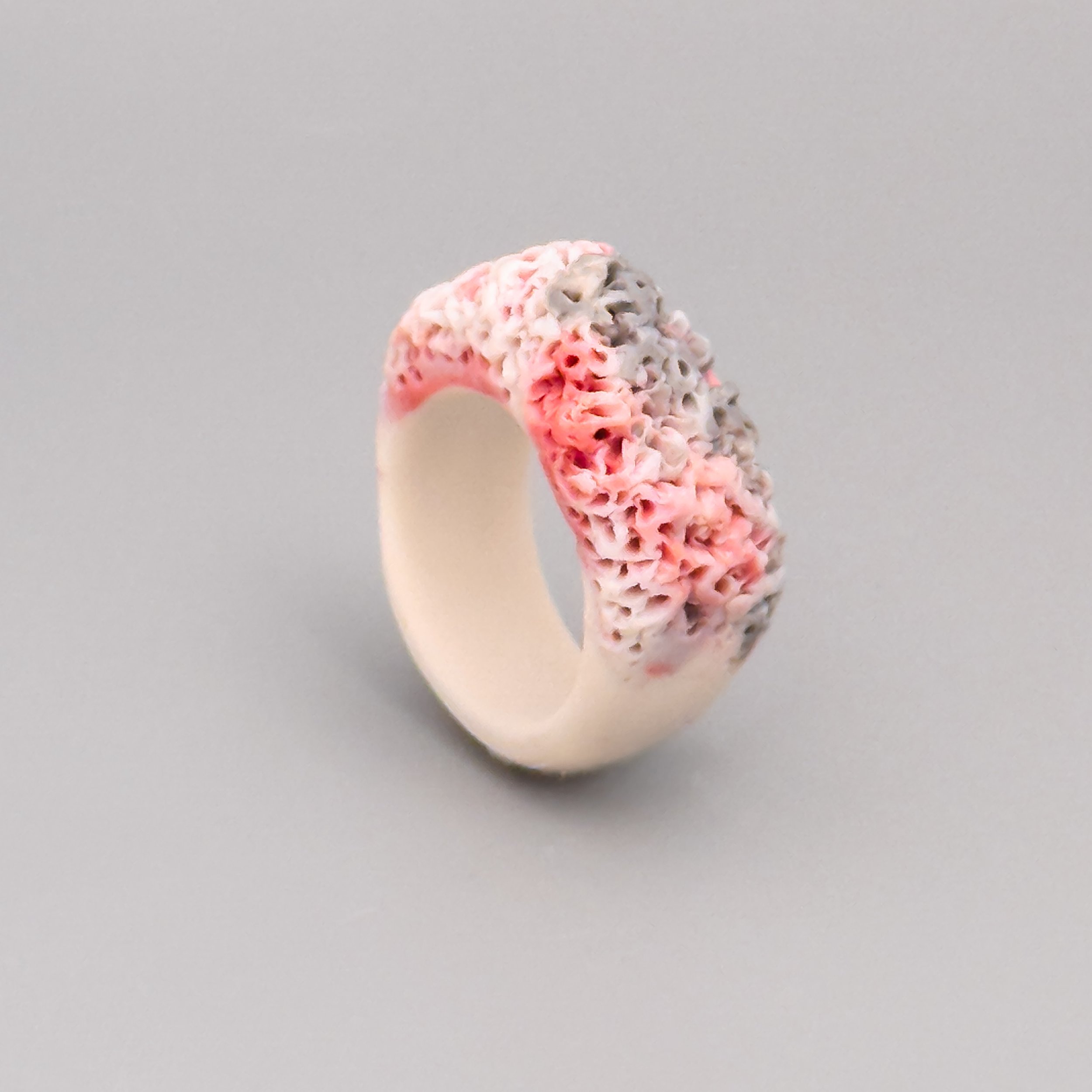 Unglazed ceramic ring with coral-inspired pattern – handmade in New York for sensitive skin