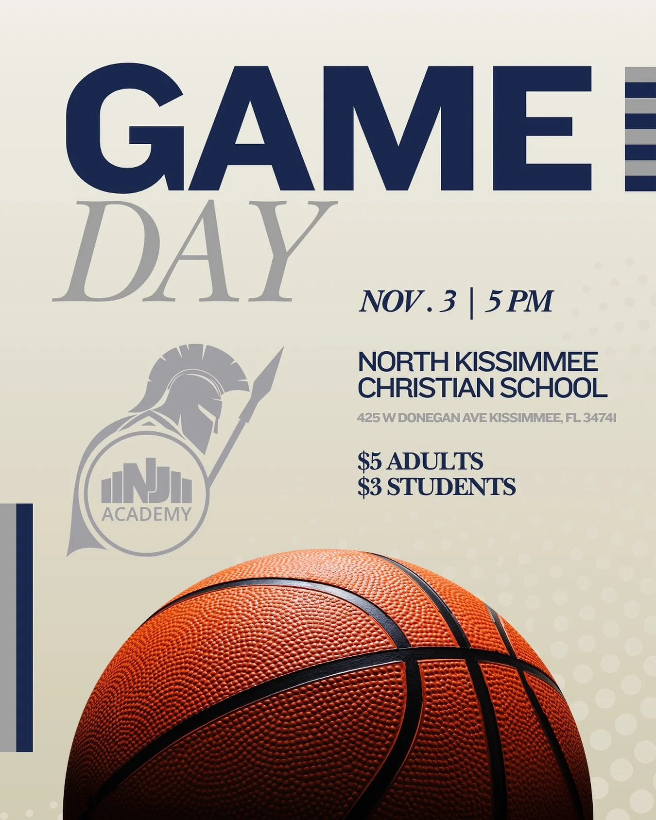 🏀 Game Day is Here! Our Knights hit the court for their first game of the season! 💪🔥 Join us at North Kissimmee Christian School today, Nov. 3 at 5PM &mdash; let&rsquo;s fill the stands and show our school spirit! 🙌

🎟️ $5 Adults | $3 Students
?