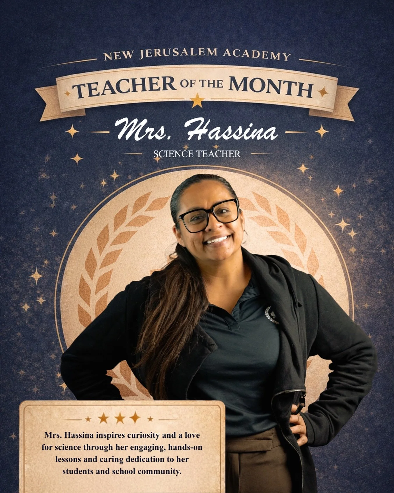We are proud to celebrate our Teacher of the Month, Mrs. Hassina! 🧪✨

For five years, she has faithfully served our school community with excellence, dedication, and a heart for our students. From bringing science to life through hands-on learning t