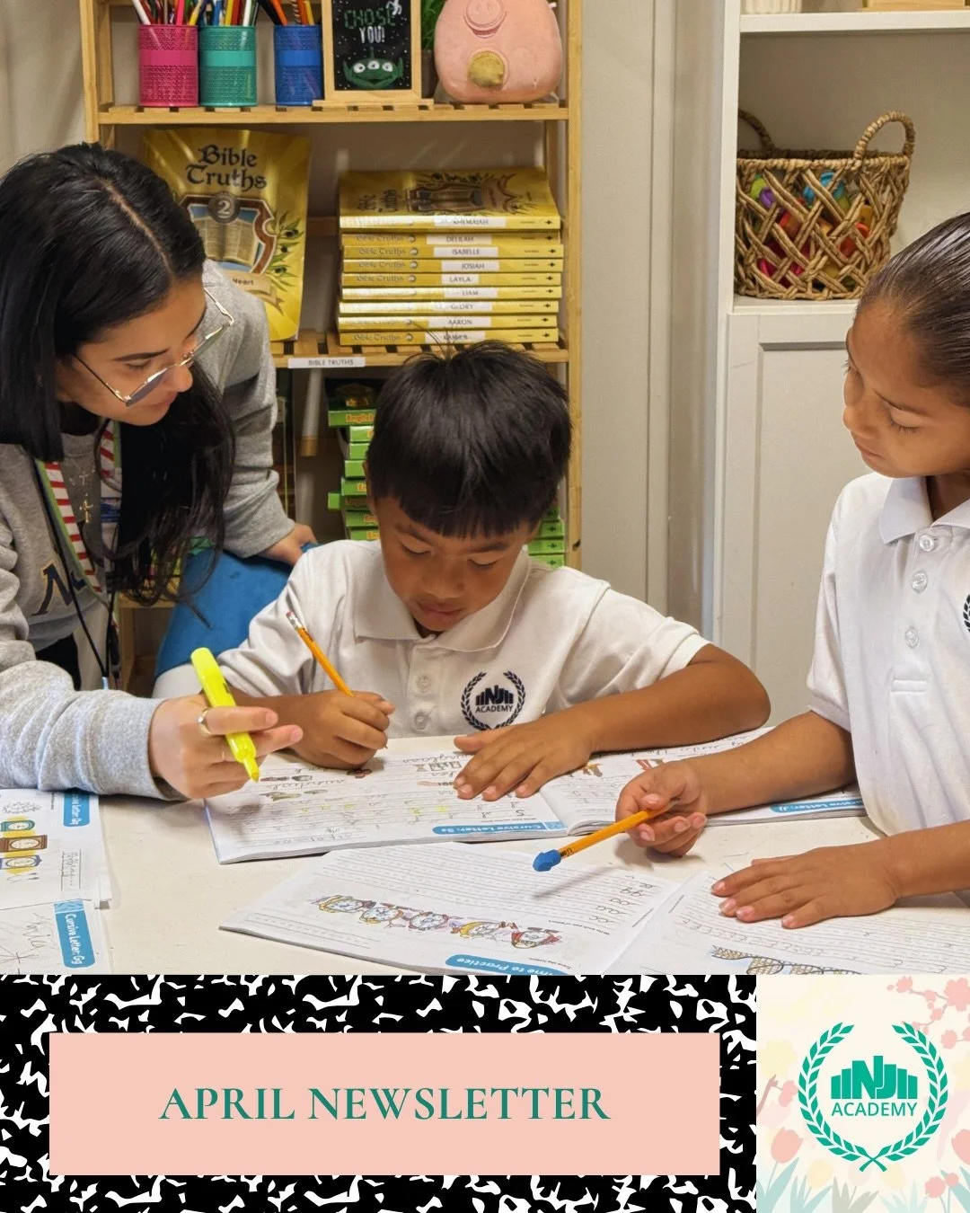 April at NJA 🌿 Join us as we reflect during Holy Week, celebrate our community, have our very first spelling bee, share report cards, and cheer on our basketball events!

Swipe through to stay updated ➡️