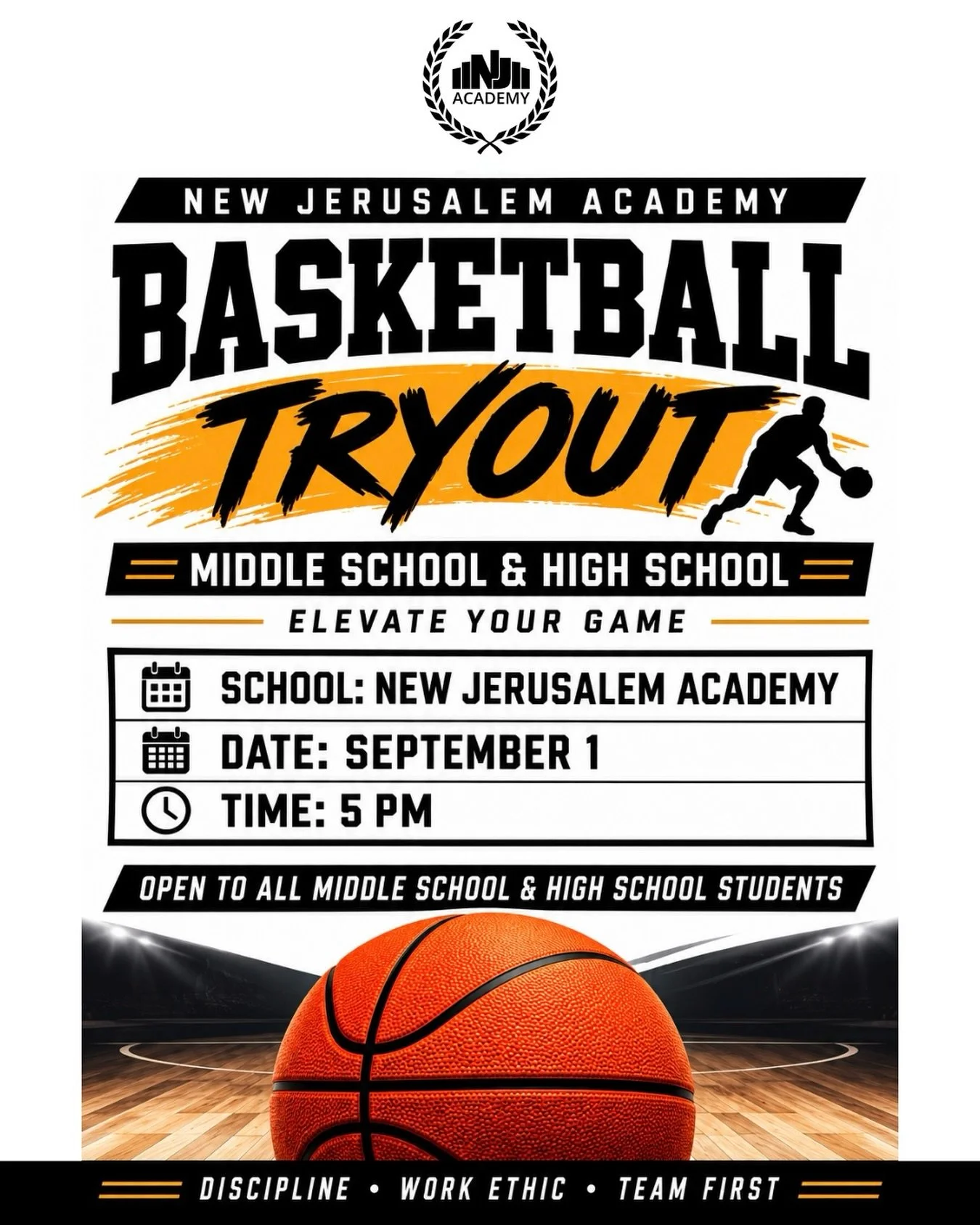 🏀 Calling all middle &amp; high school students! It&rsquo;s time to hit the court! 🙌🏽

Join us tomorrow for NJA Basketball Tryouts and come ready to work hard, compete, and show us what you&rsquo;ve got.

📅 September 1
⏰ 5:00 PM
📍 New Jerusalem 