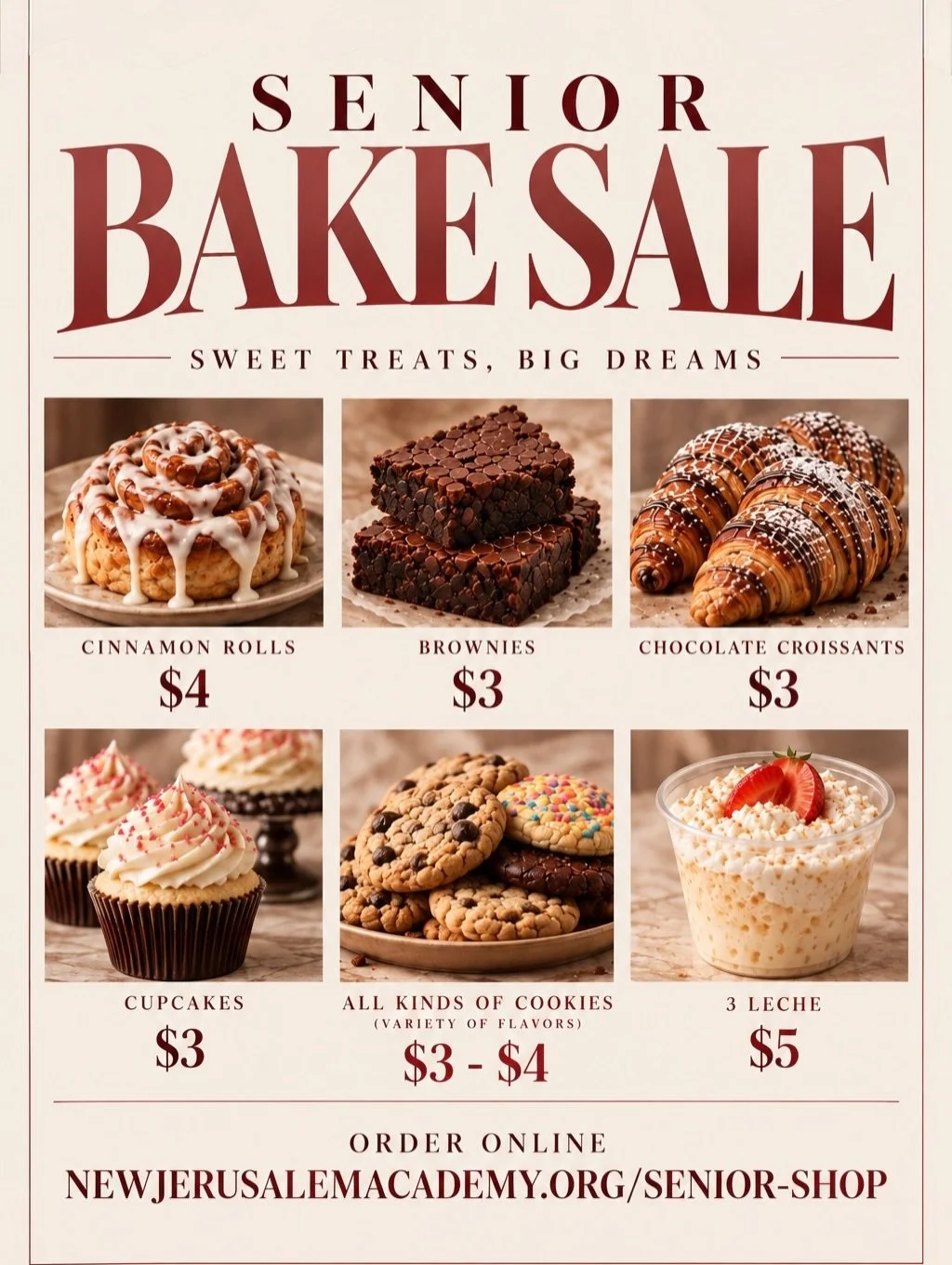 Order online and have your child pick up their treats during lunch!

🍪 Brownies, cookies, cupcakes, cinnamon rolls, and more!
💻 Order now: newjerusalemacademy.org/senior-shop

#NJA #SeniorBakeSale #NewJerusalemAcademy #SupportOurSeniors