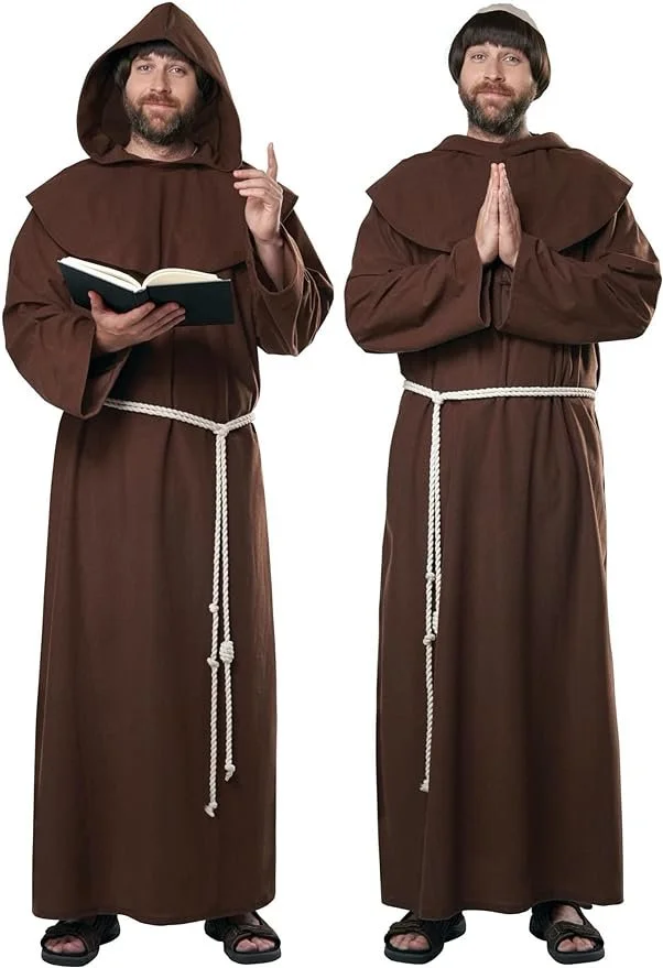 Two men dressed as monks in brown robes with ropes around their waists, one holding a book and the other with hands in prayer pose.