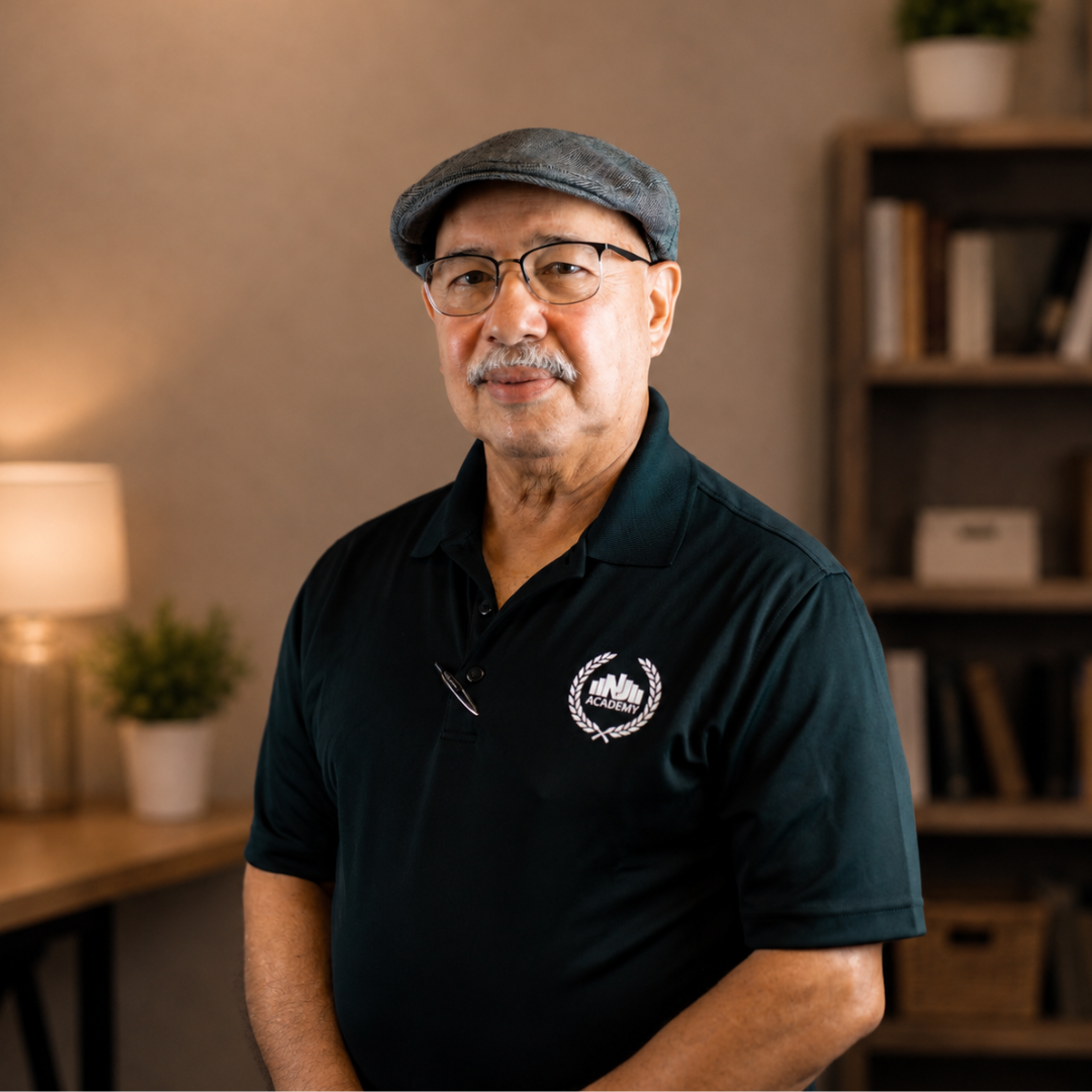 A man with a gray mustache wearing a black cap, black T-shirt, a wristwatch, and an ID badge hanging around his neck, standing with arms crossed in front of a brick wall.