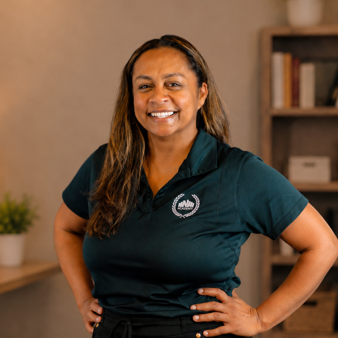 A woman smiling, wearing hoop earrings, a black t-shirt with a logo, and a green cardigan, standing in front of a brick wall.
