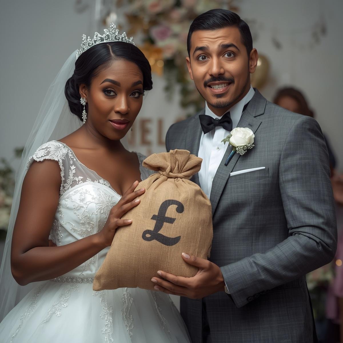 photo of a bride and groom holding a sack with a pound currency symbol on looking overwhelmed.jpg