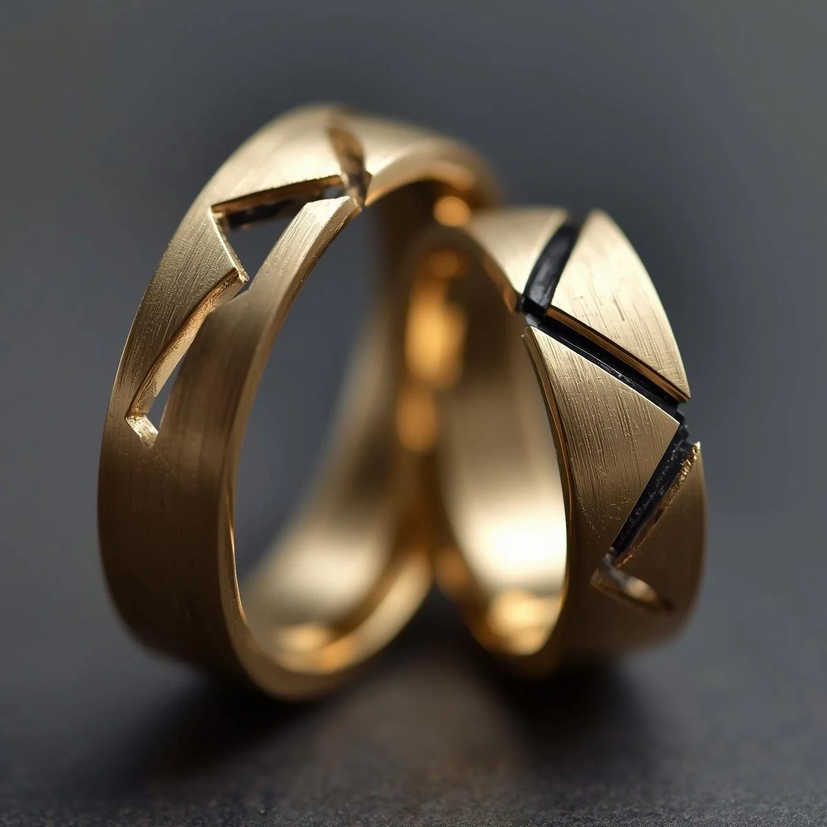 close up photo of two gold wedding rings - they are modern, unusual and designed for a bride and groom with an alternative style