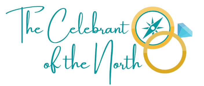 Logo text reads 'The Celebrant of the North' with two gold rings, a compass pointing north east, and a blue gem to the right.