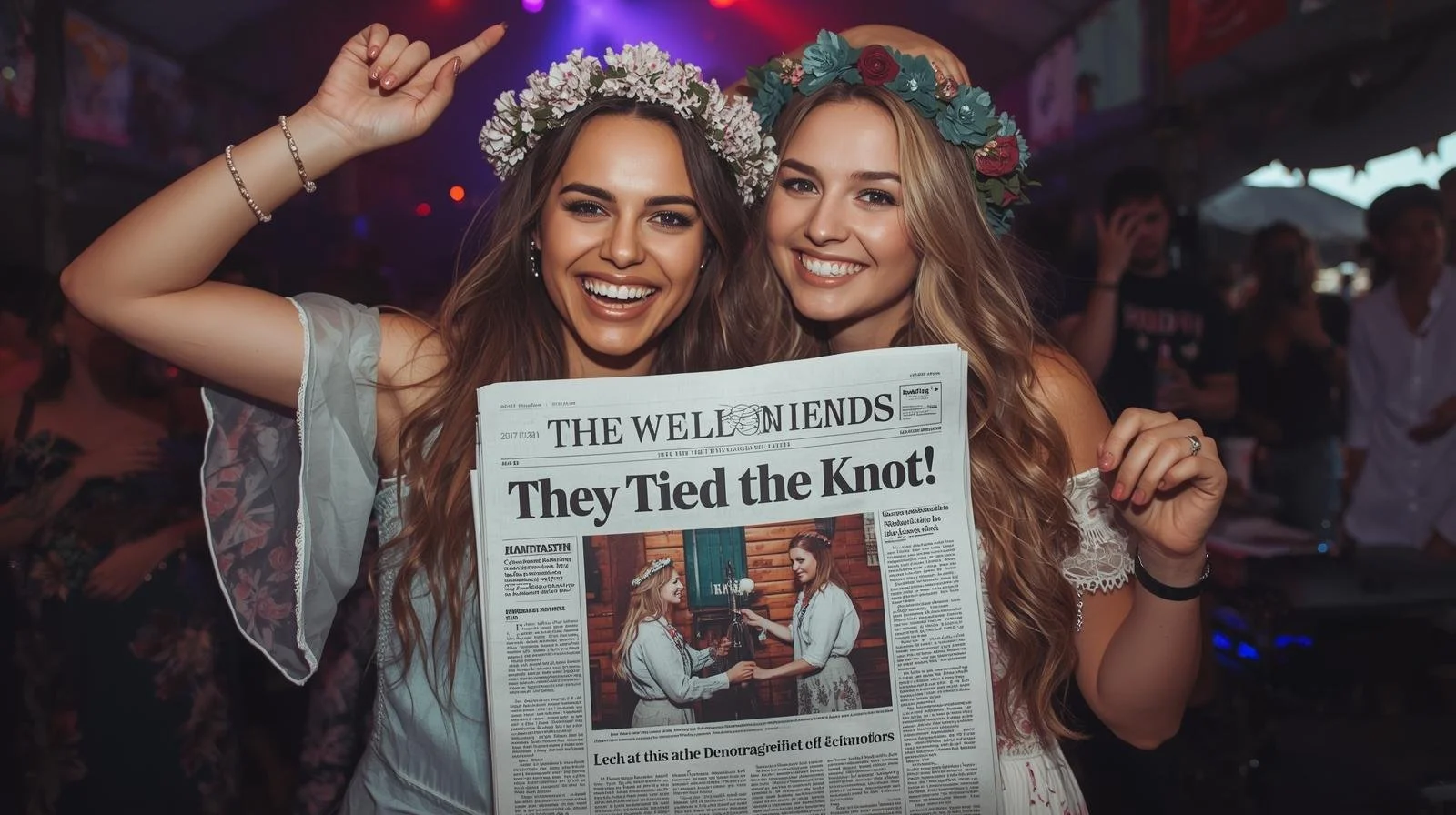 a photograph of a young, cool lgbtq+ bride and bride on their wedding day holding a newspaper with the headline 'they tied the knot!' and a picture of the couple doing a handfasting during their wedding ceremony. The wedding theme should be.jpg