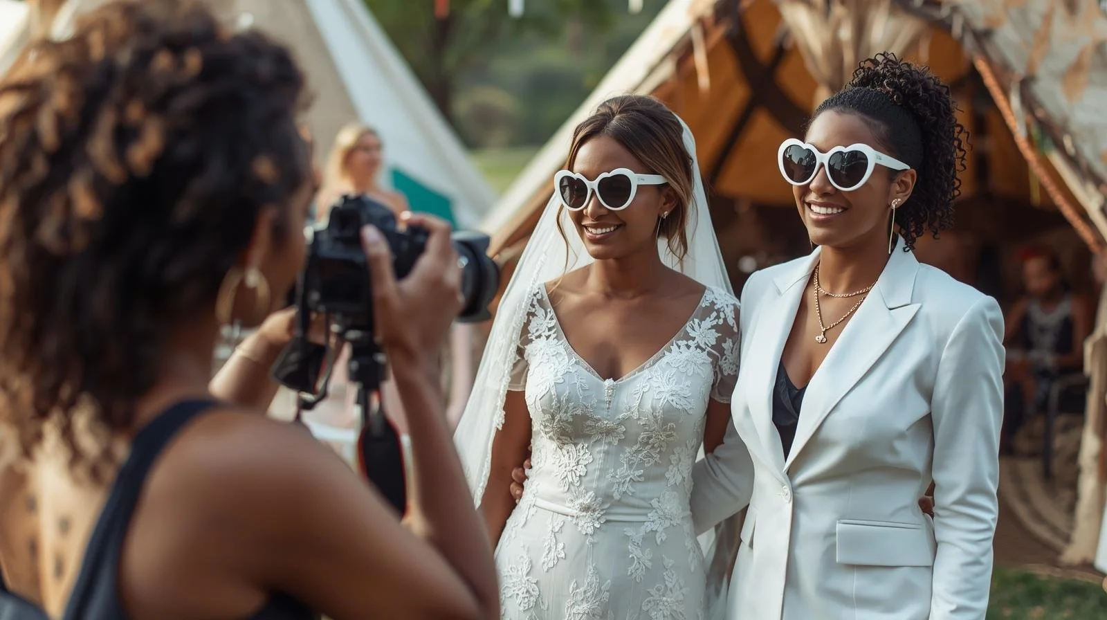 Photograph of a female wedding photographer taking a picture of two brides - one in a wedding dress, one in a white tailored suit. Both brides are wearing white heart shaped sunglasses. The setting is at an outdoor wedding.