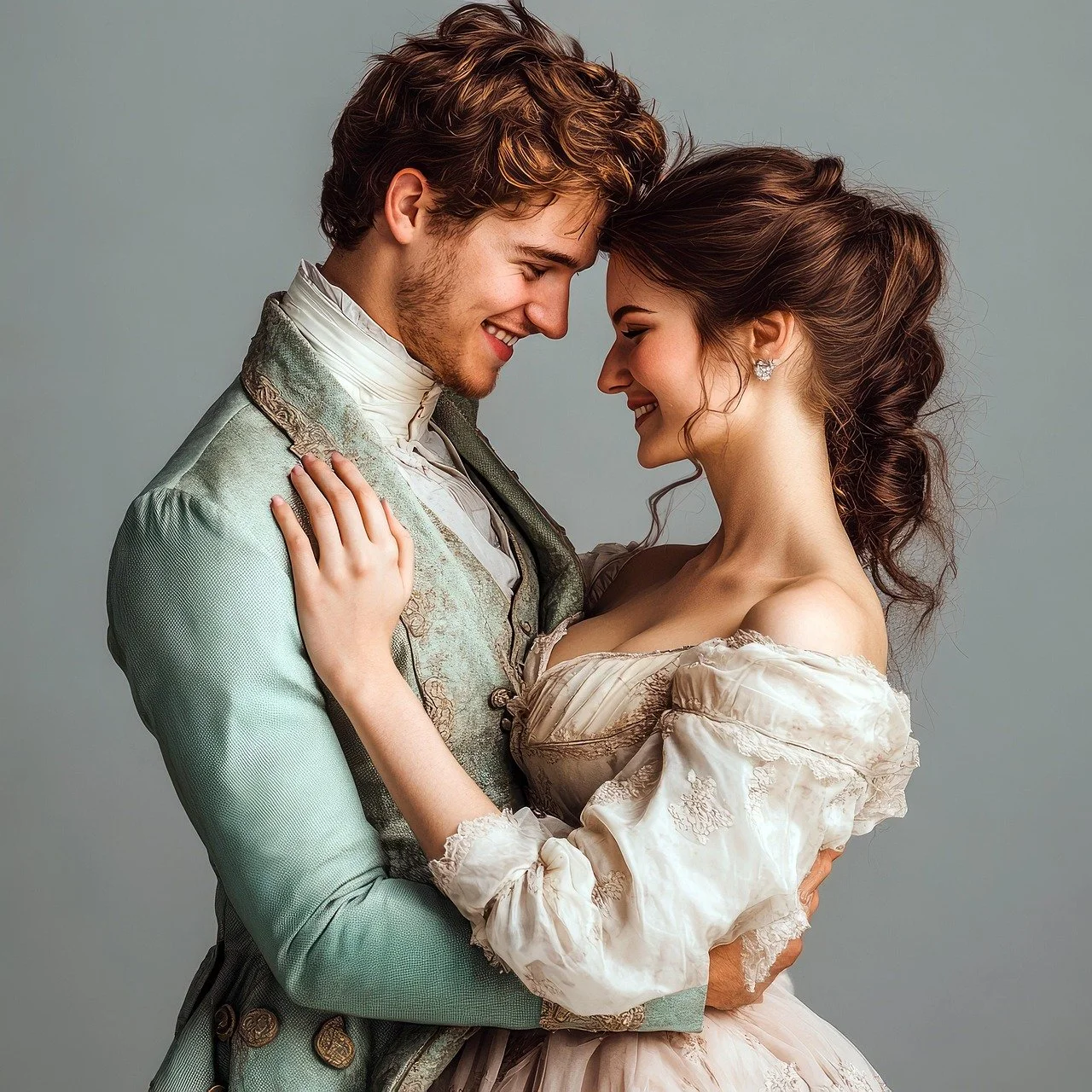 Bridgerton themed wedding bride and groom regency period wedding dress