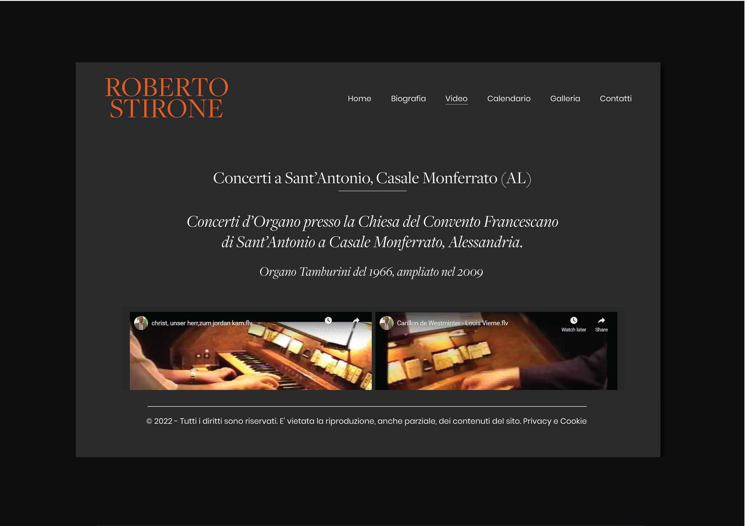 Detail of the page dedicated to the videos, designed for Roberto Stirone