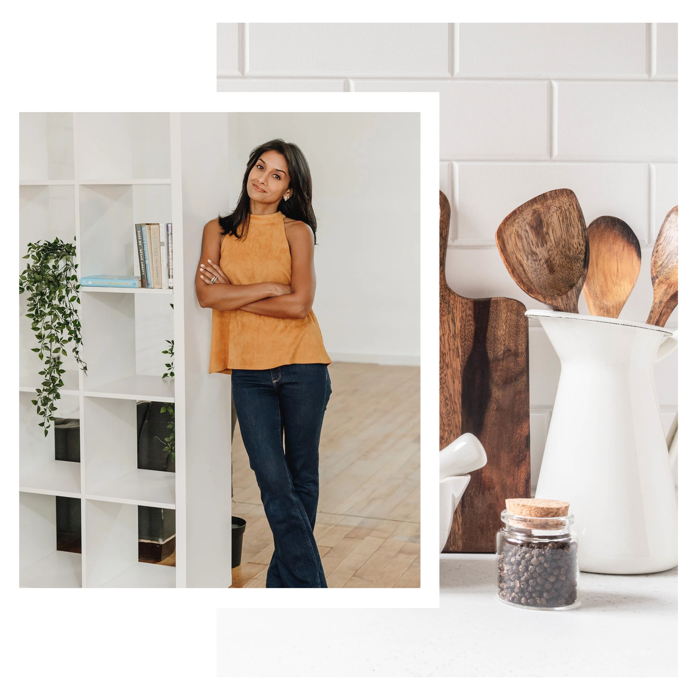 Young woman with dark hair wearing an orange sleeveless top standing with arms crossed in a modern interior with white bookshelves, plants, and wooden chairs.