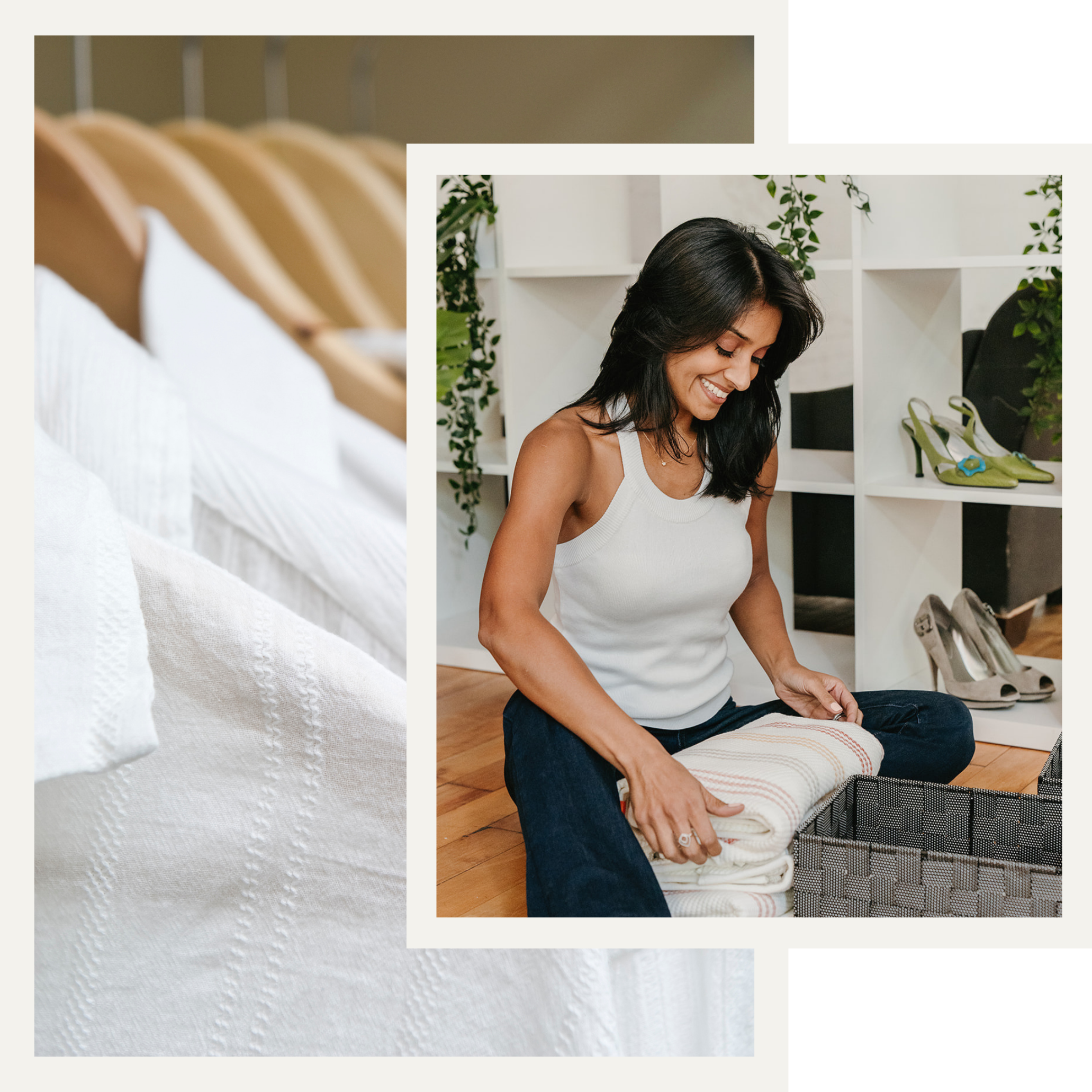 A woman with long dark hair smiling while folding laundry, with shelves and green plants in the background.
