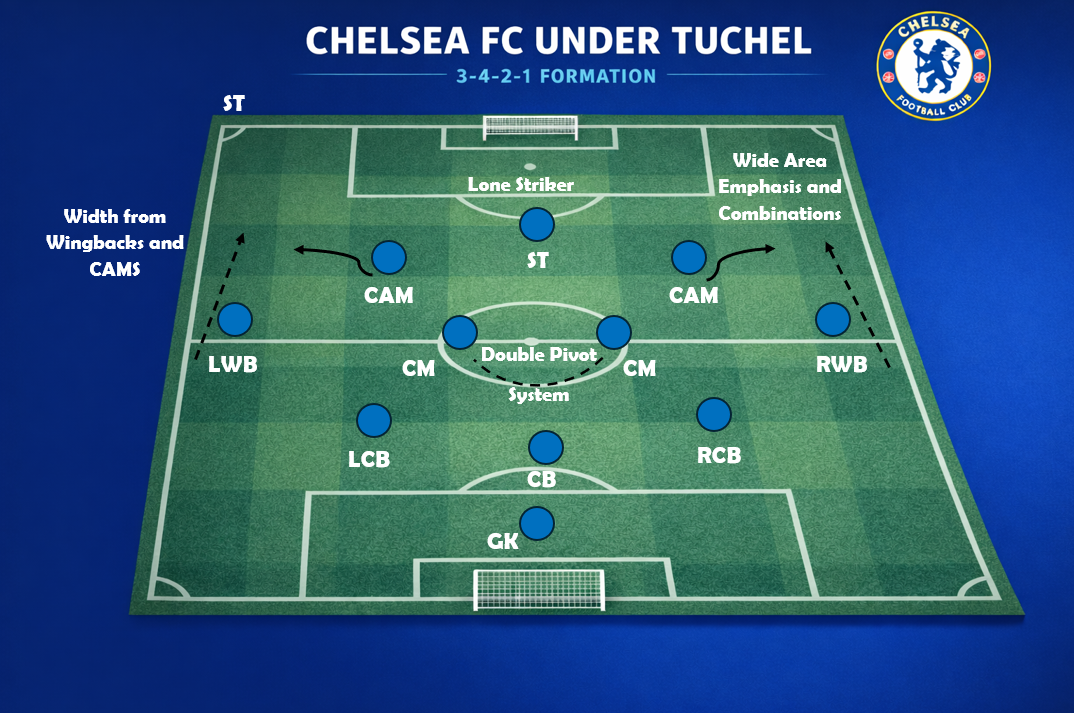 Chelsea FC formation tactics board highlighting player movement and formation used by Thomas Tuchel.