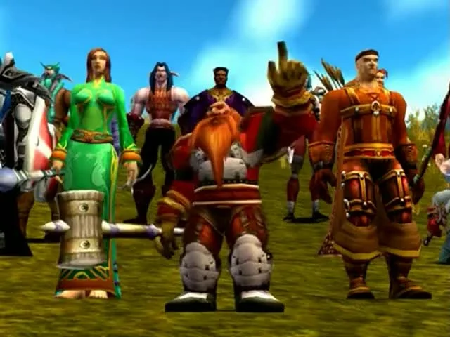 A full group of fantasy characters representing a traditional D&D party compared to solo play. World of Warcraft characters. WoW.