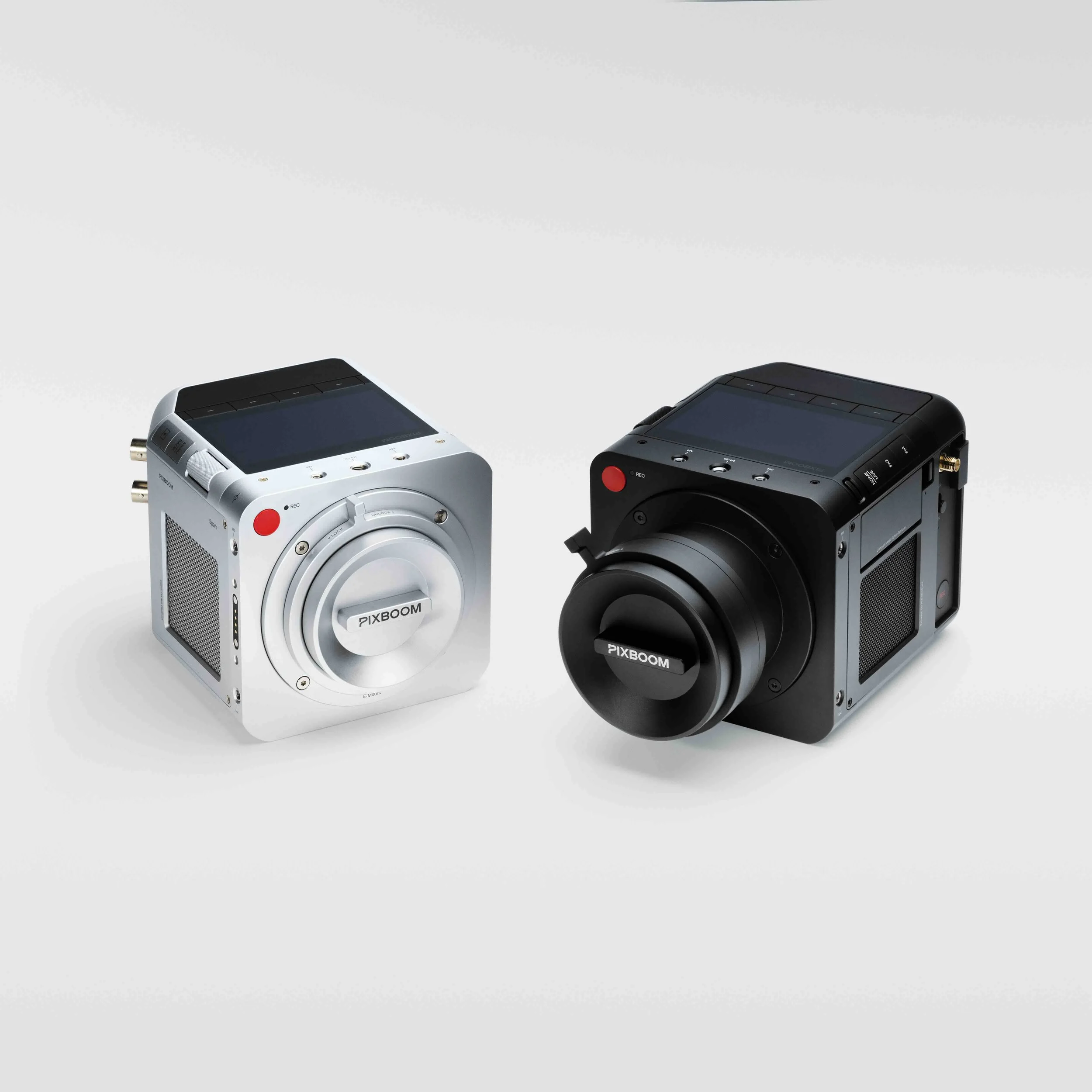 PIXBOOM professional cinema cameras in black and white finishes with compact bodies and interchangeable lens mounts
