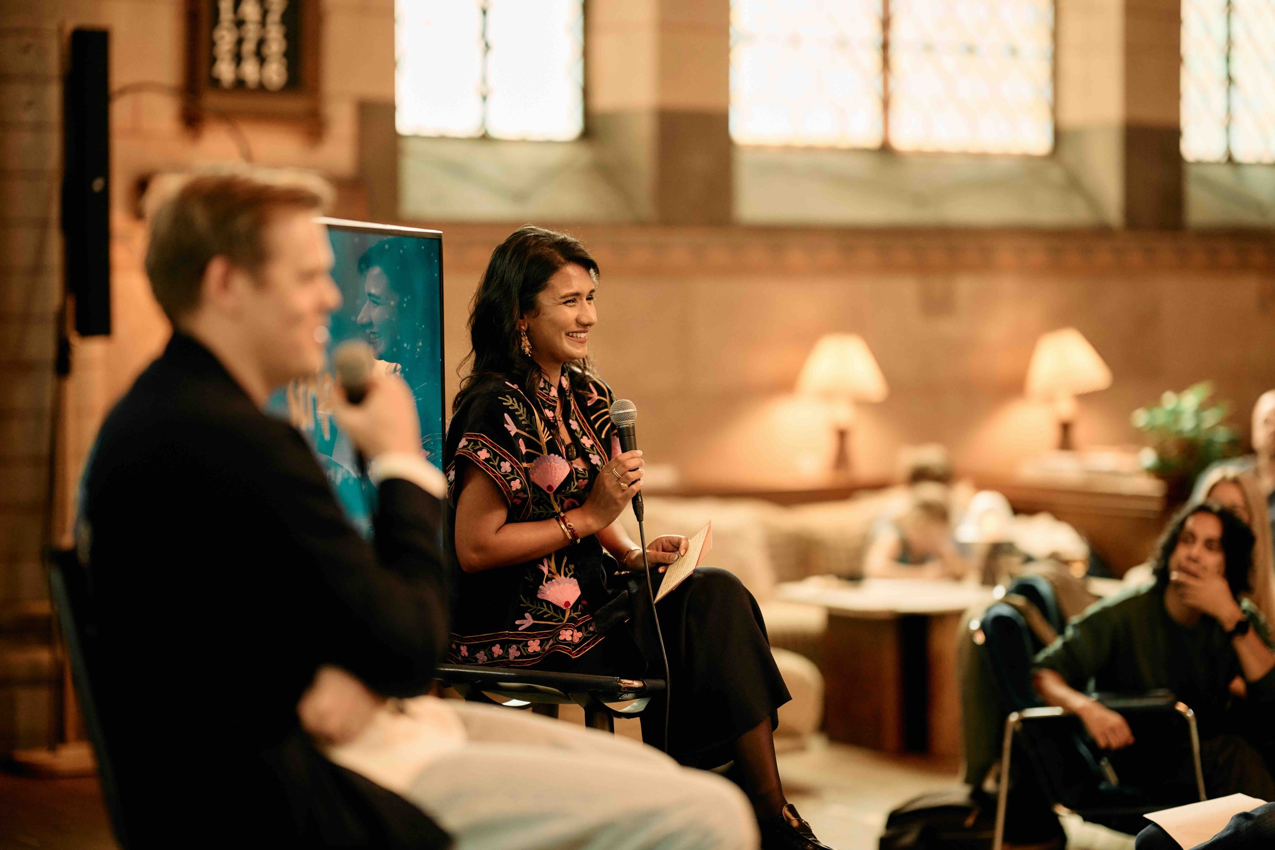 Stripey Bear book launch speakers engaging with the audience during a live conversation at Soho in Stockholm.
