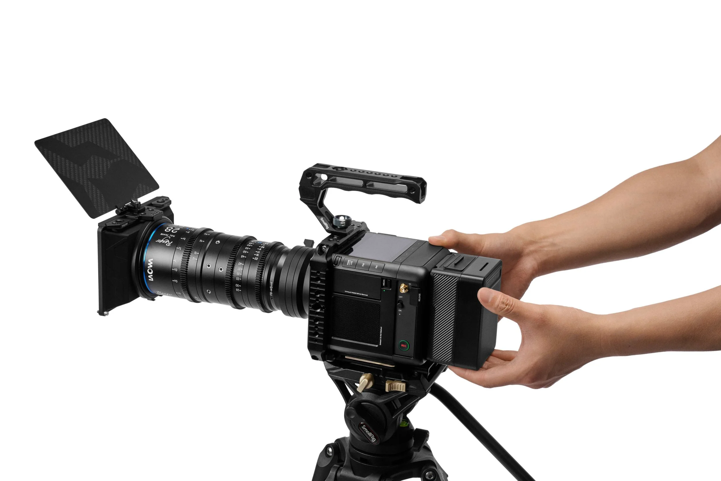 PIXBOOM cinema camera with professional lens, matte box, top handle, and tripod mount for filmmaking