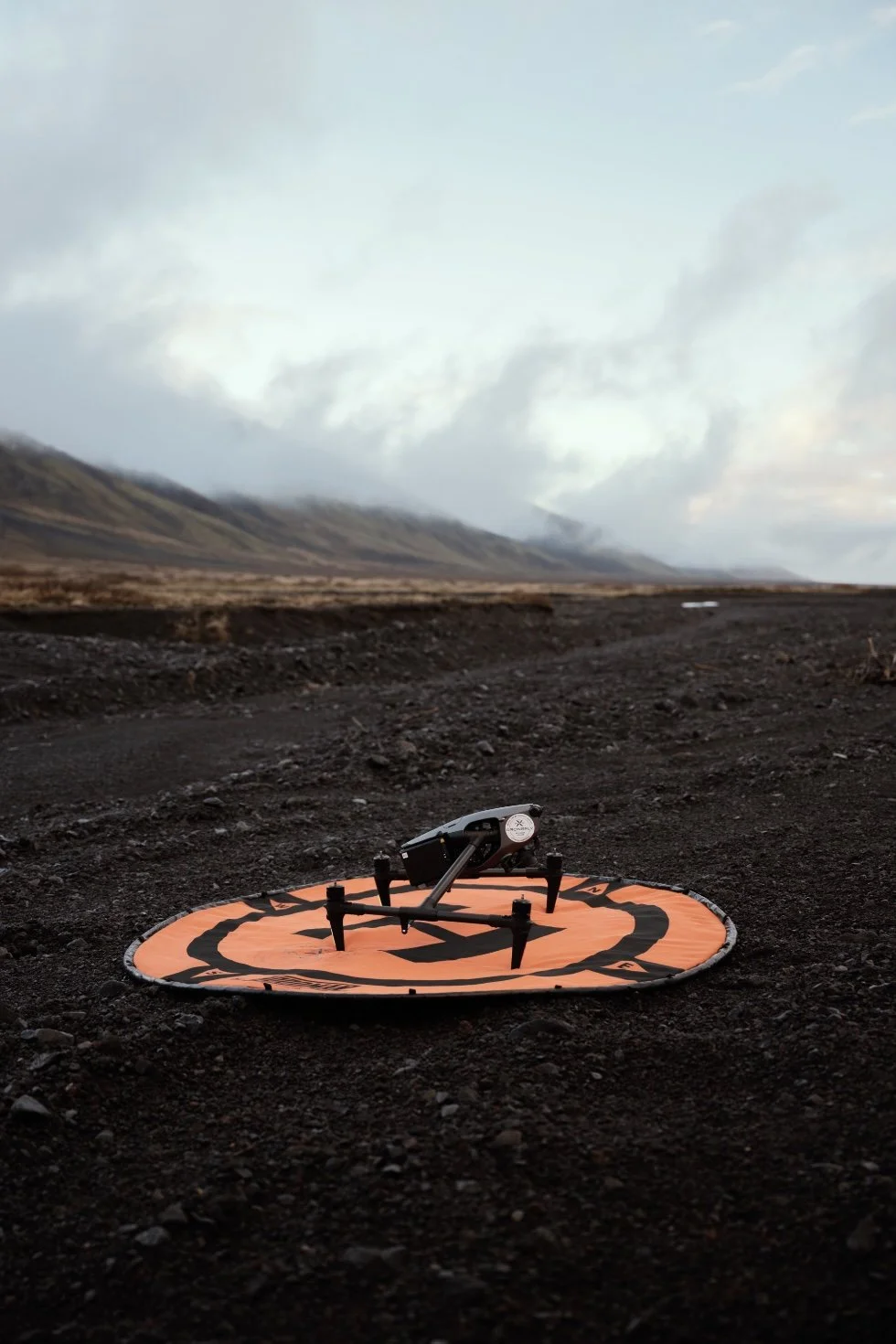 Production drone prepared for aerial filming in Icelandic terrain