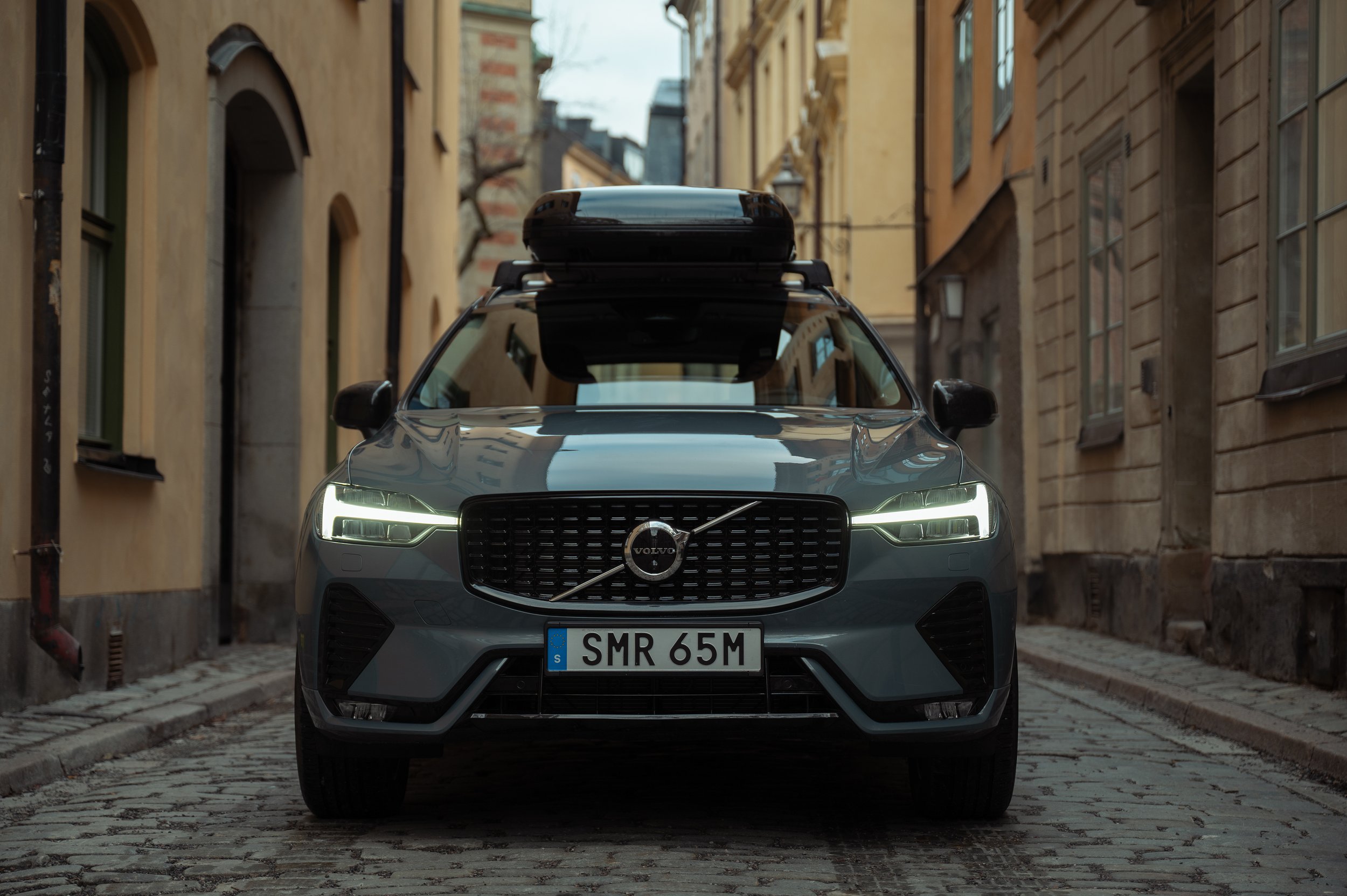 Volvo SUV photographed on a historic street in Stockholm, Sweden