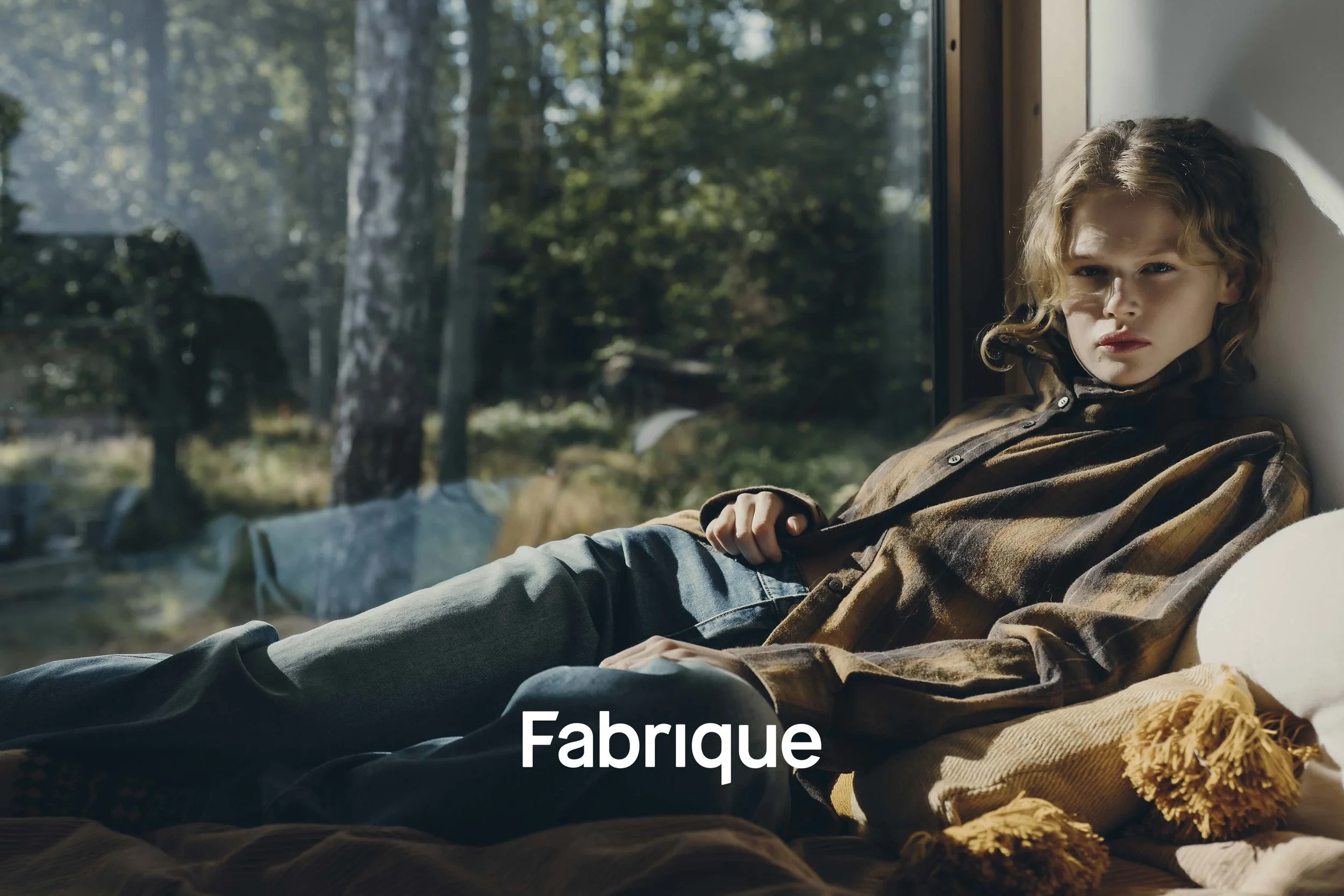 Fabriques modekampanj för höst/vinter 2026, där en modell i brun jacka och jeans avbildas i en nordiskt inspirerad miljö.