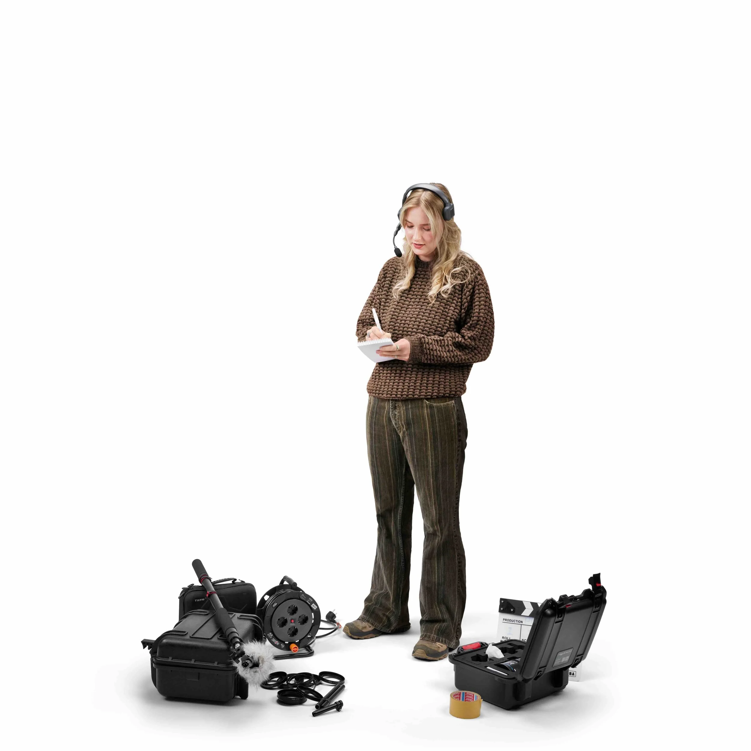 Professional filmmaker using PIXBOOM cinema camera equipment with audio recording gear and production accessories