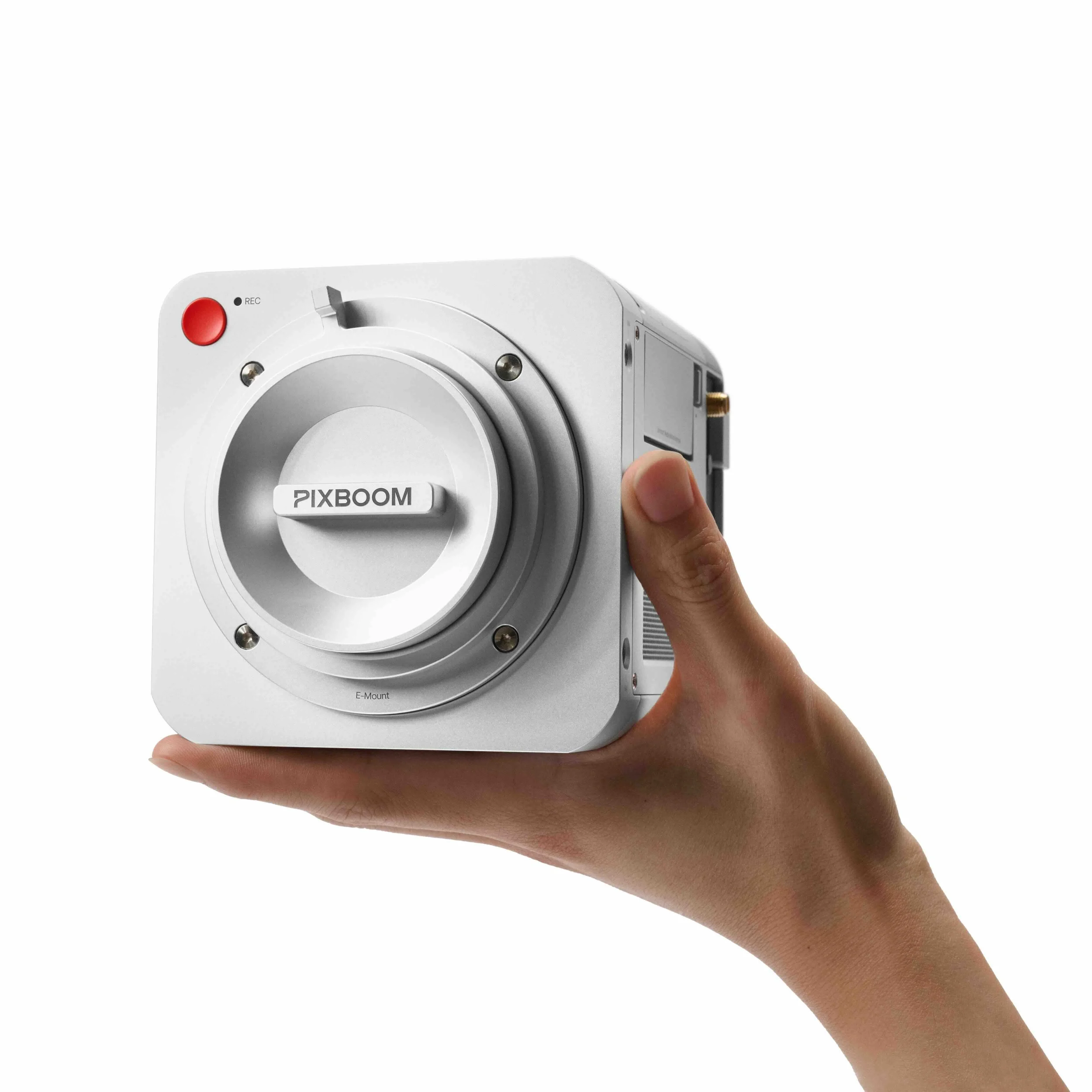 Compact white PIXBOOM cinema camera with E-mount lens mount and lightweight handheld design