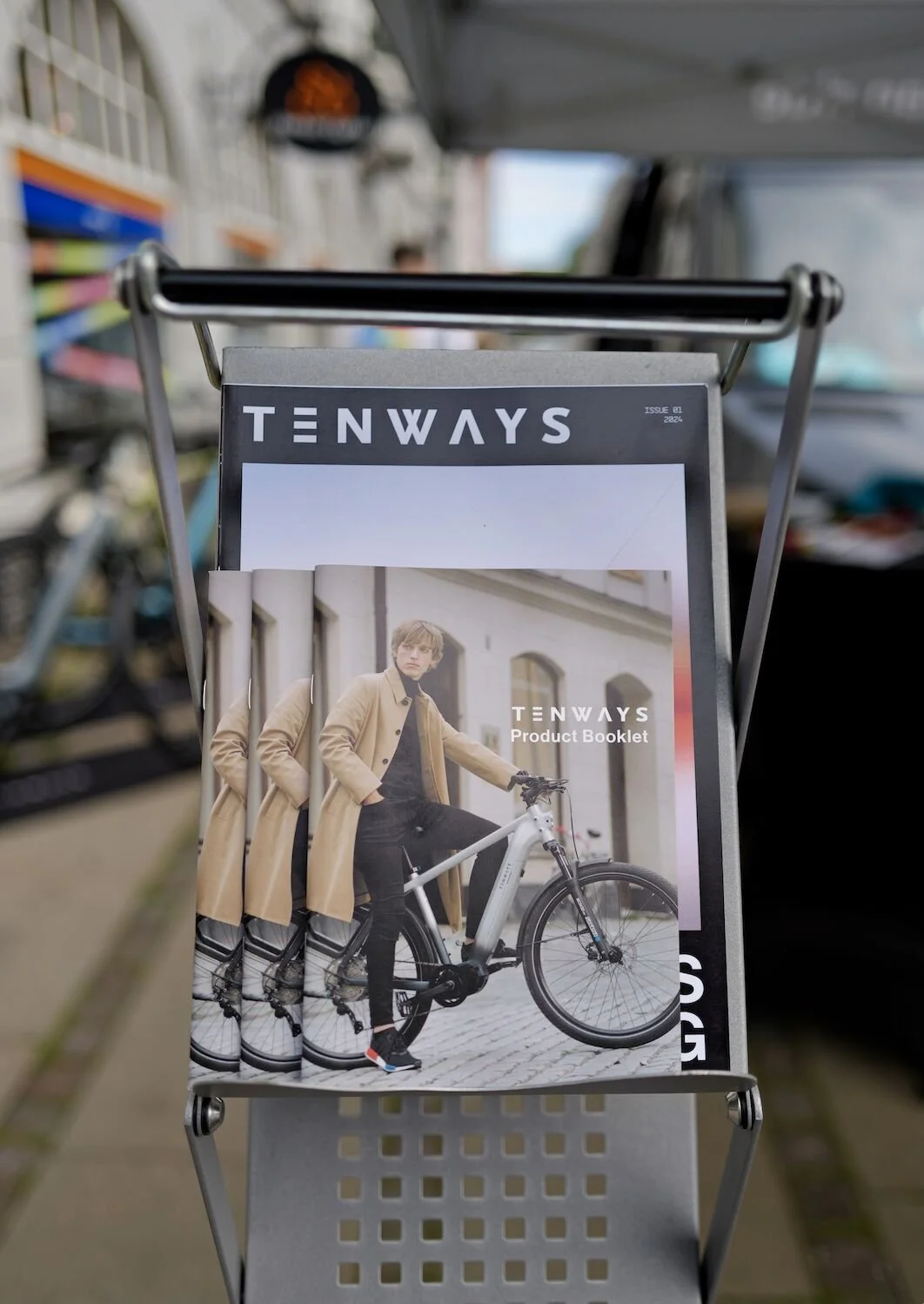 Tenways product booklet featuring electric bike campaign photography in Copenhagen