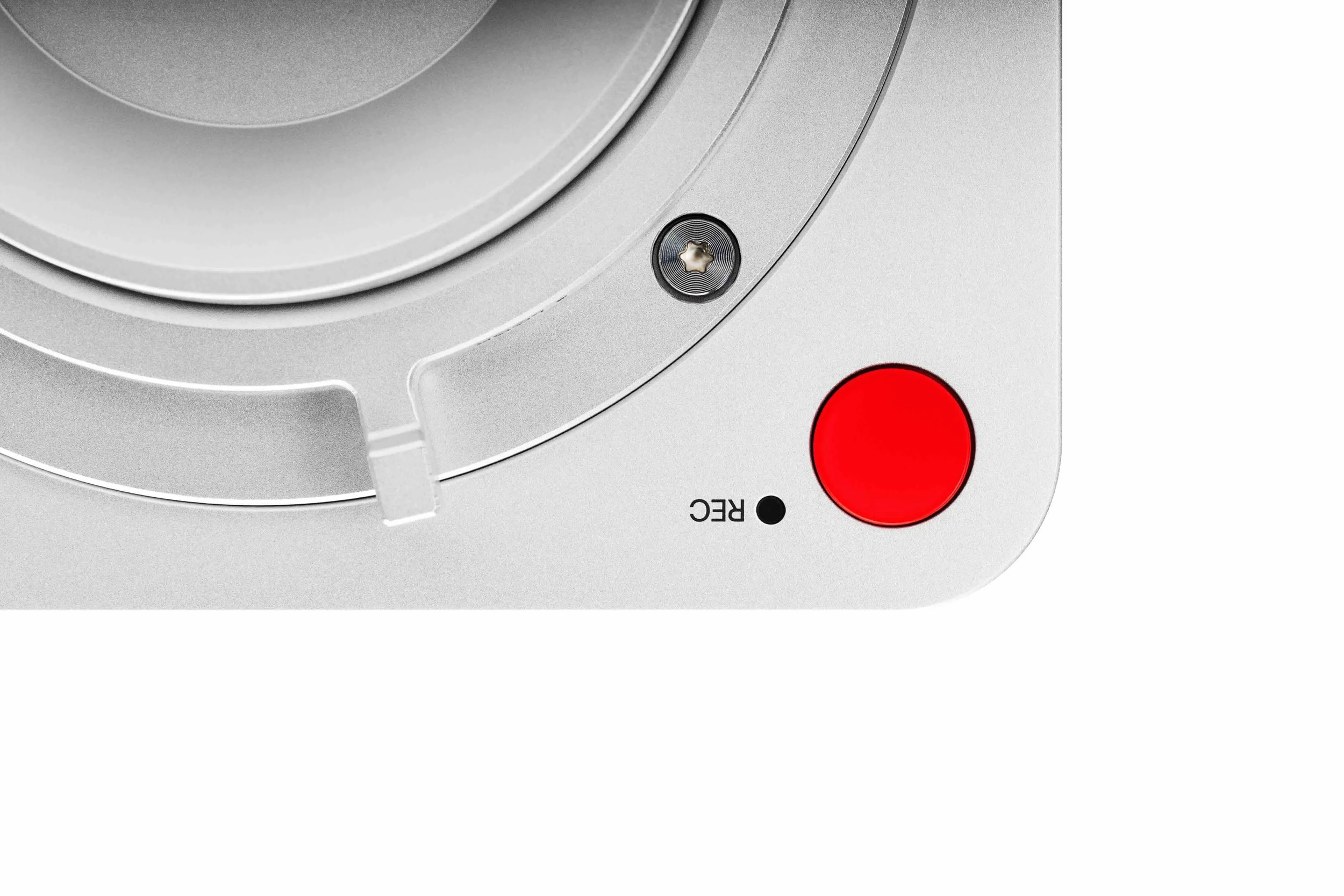 Close-up of PIXBOOM cinema camera red record button and precision-engineered camera body