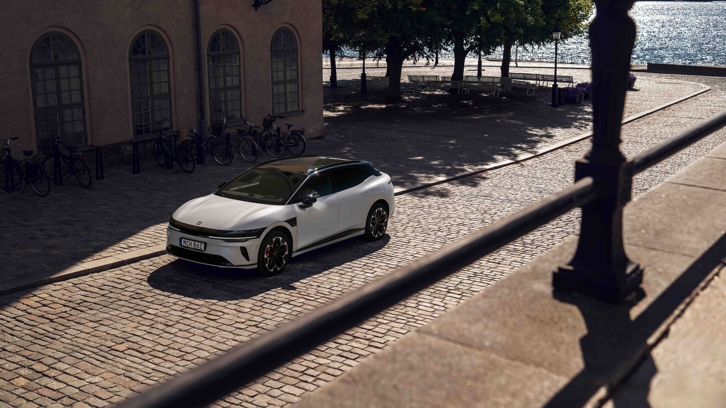Zeekr electric car parked on a cobblestone street in Sweden