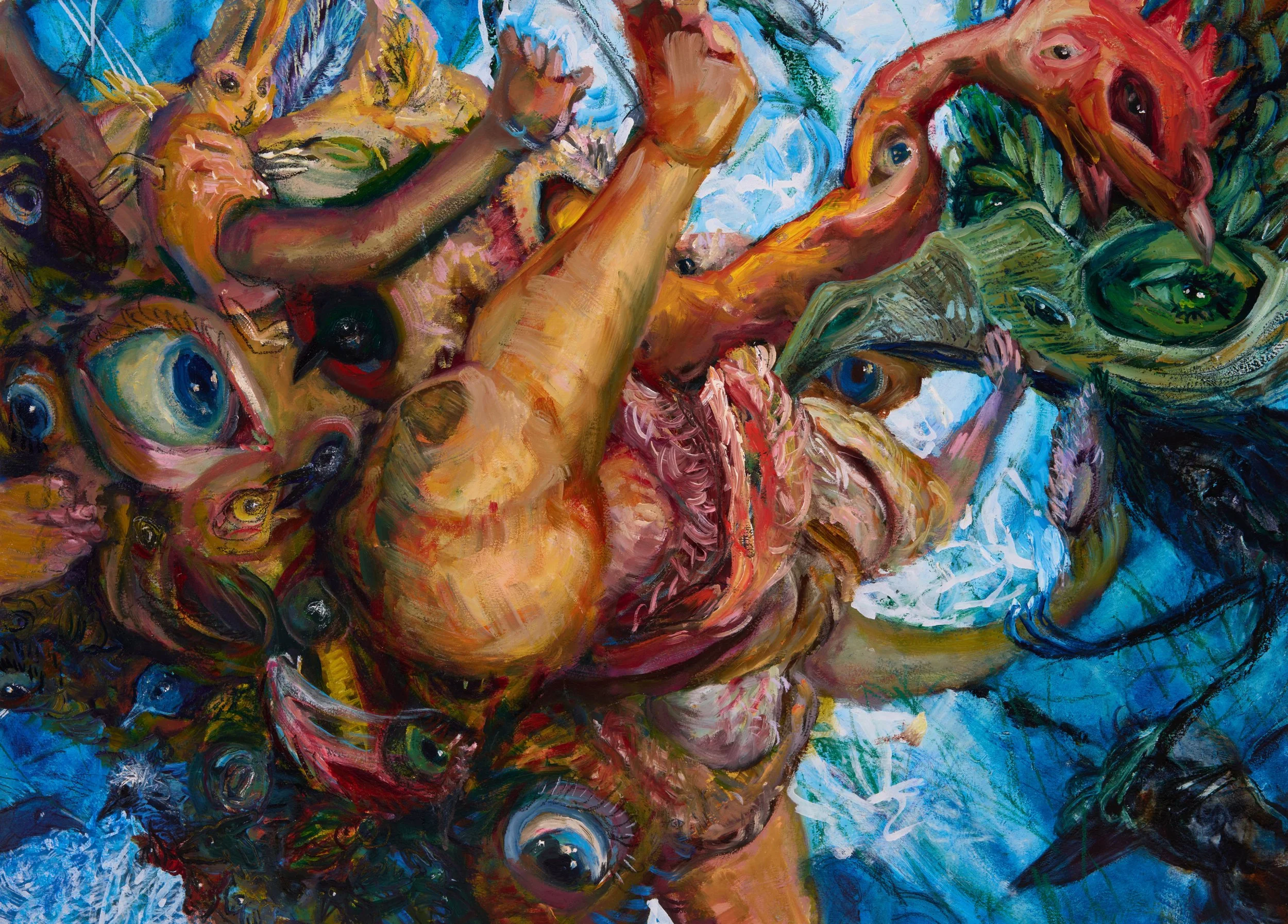 Cooch Monster Pecking Order. Oil on paper mounted on PVC board. 2026. 21” x 28”. 