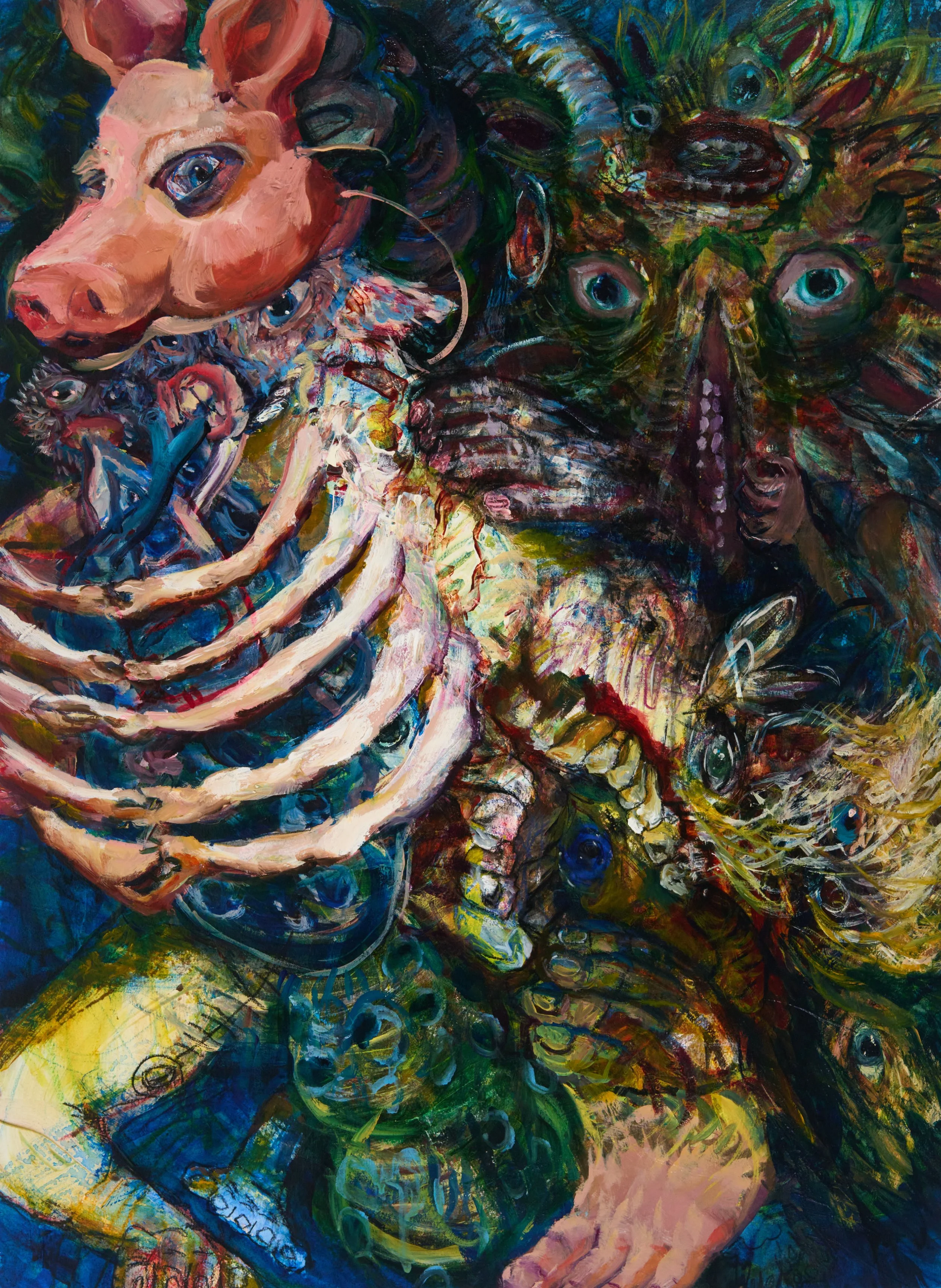 Long Pig Goddess - oils and mixed media on paper, 2024