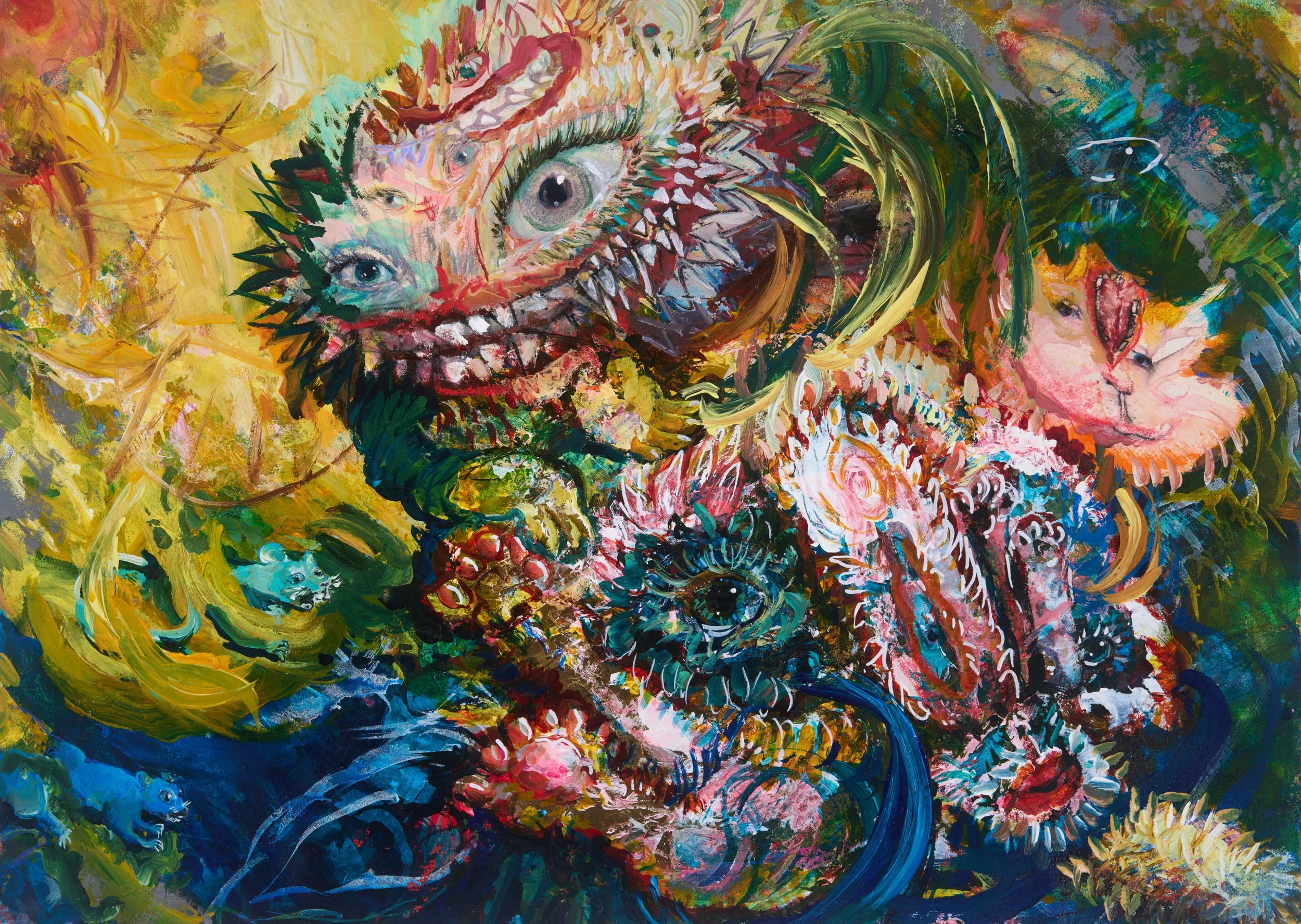 Do You Like My Smile. oil, acrylic, ink , fake gold leaf on paper. 2024