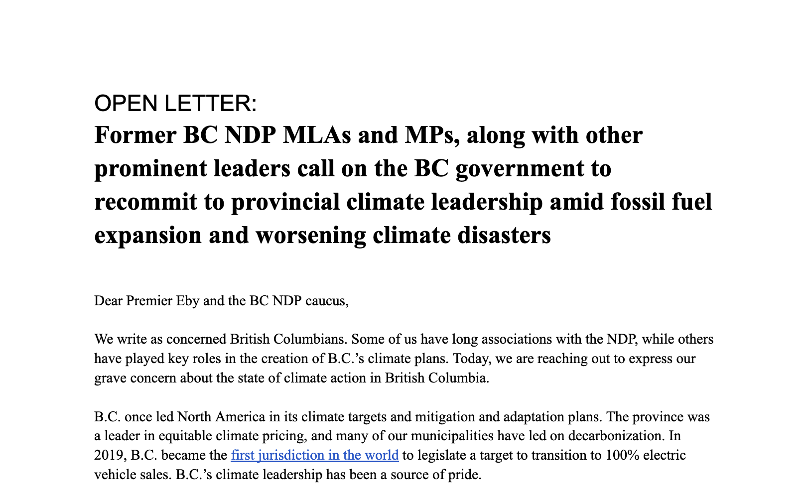 Open letter from prominent New Democrats and community leaders calls for renewed provincial climate leadership