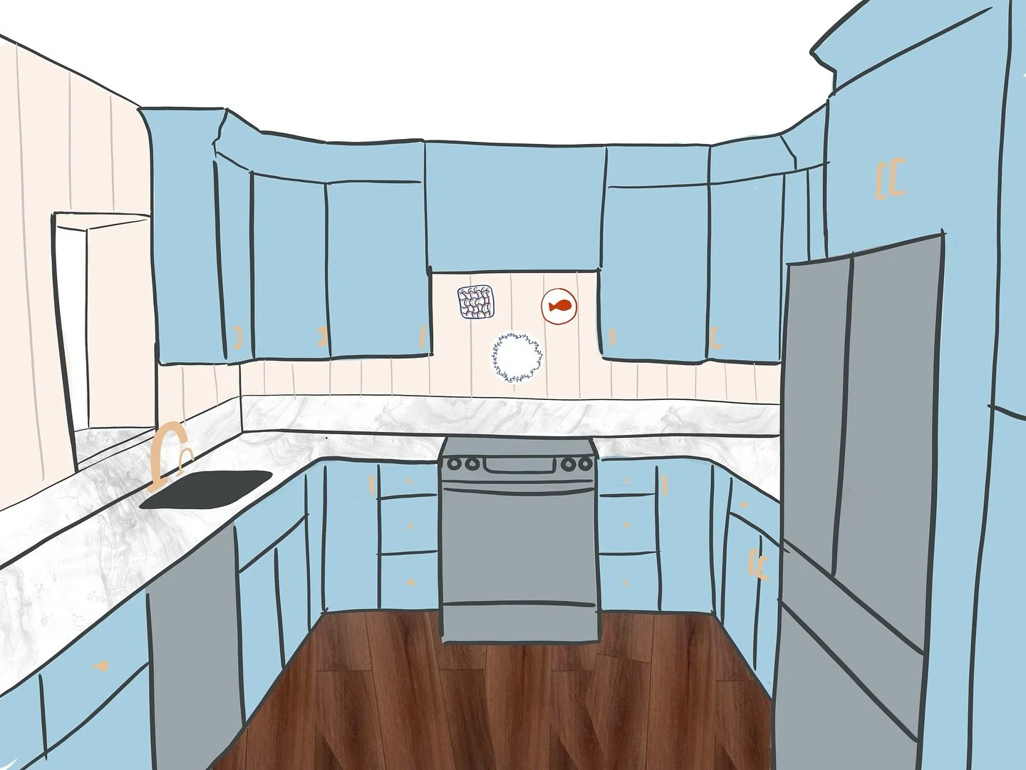 @eveninginteriors taking my silly little iPad drawings to actual design renderings. 😍
.
Very excited for it to be done and be able to flip pancakes in this blue kitchen!!