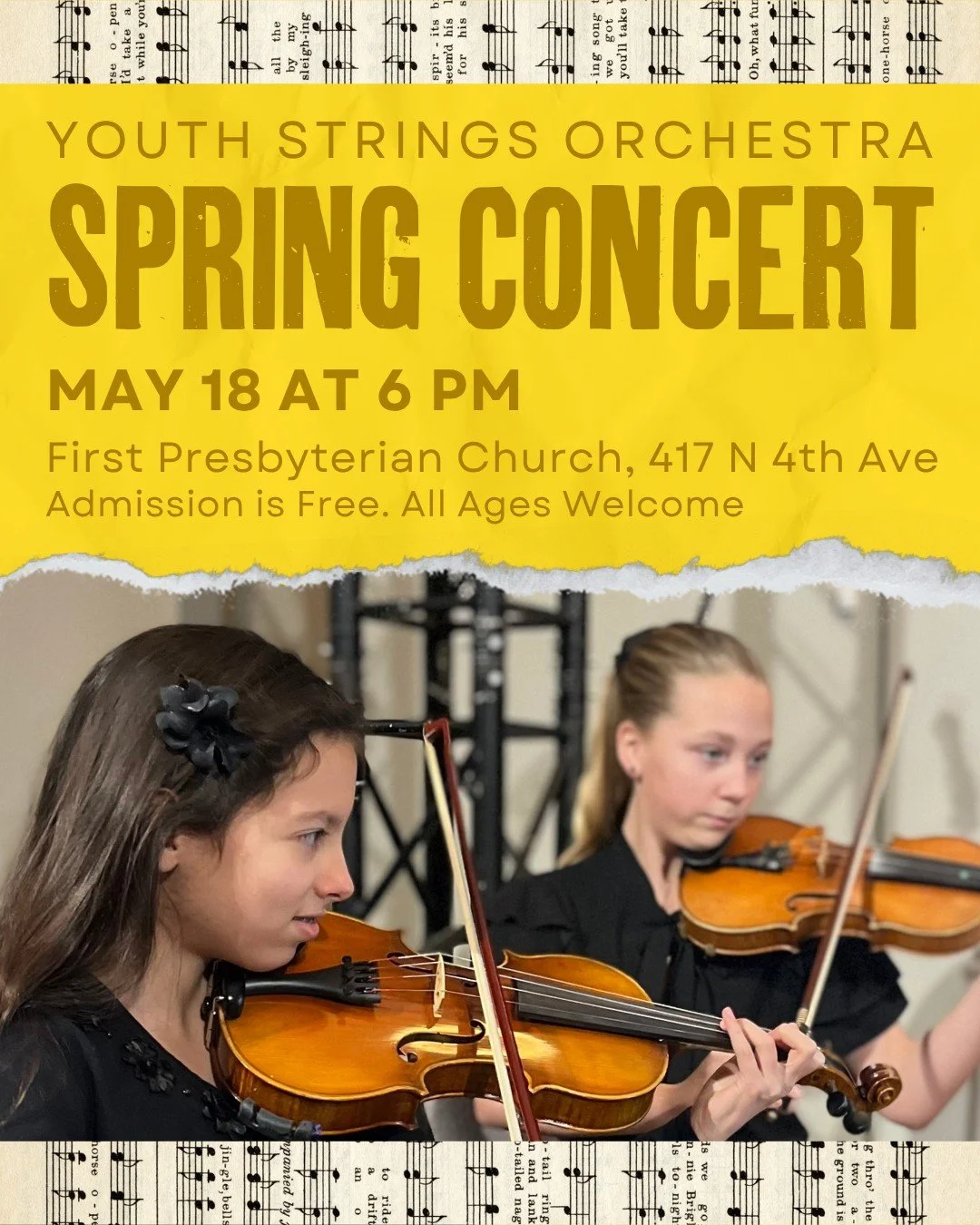 Join us for our Youth Strings Orchestra's final performance, the culmination of 8 months of weekly practice sessions since September.

The Spring Concert will take place next Monday, May 18, at 6 PM at the First Presbyterian Church, 417 N 4th Ave, in