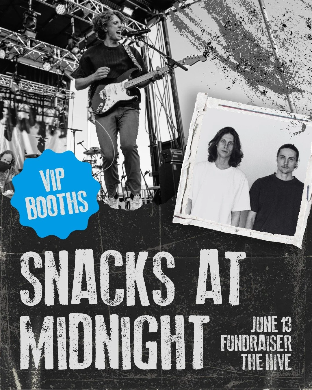 Join us this Saturday, June 13, for our 21+ concert featuring high-energy indie rock band @snacksatmidnightofficial at The Hive!

Looking to elevate your experience? Purchase a VIP Booth for $200! Tip: These are great to split with a group of friends