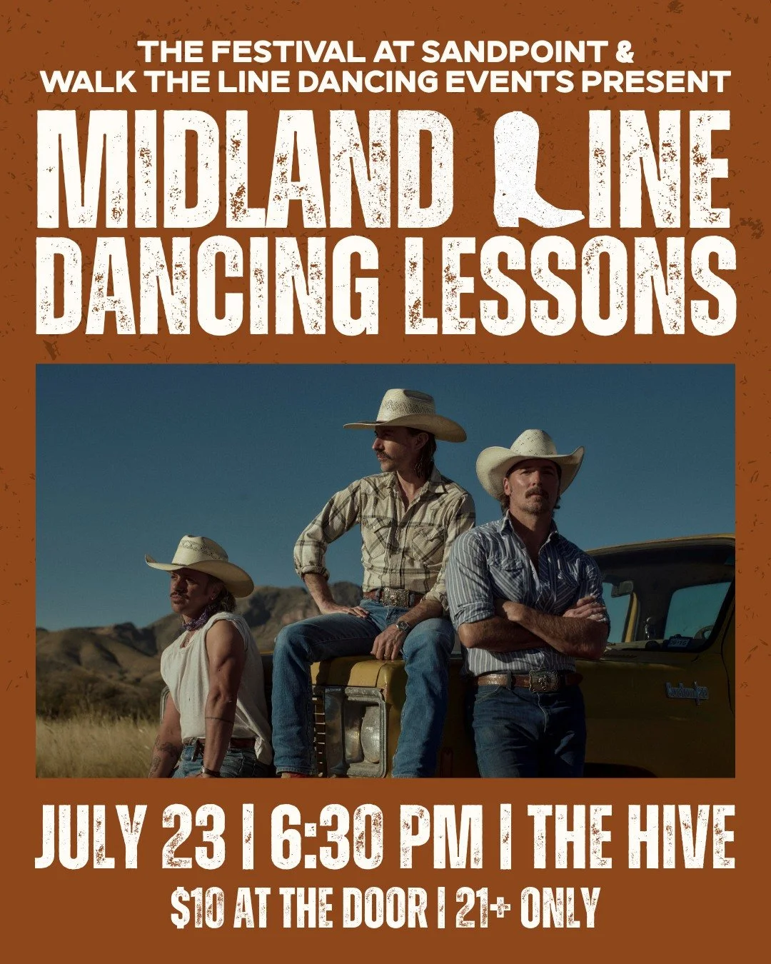 TONIGHT at 6:30 PM, Walk the Line Dancing Events and the Festival at Sandpoint are presenting an evening of Midland Line Dancing Lessons at The Hive. 🤠🎵

Learn line dances to three Midland hits, perfect for both beginners and pros, so you can be re