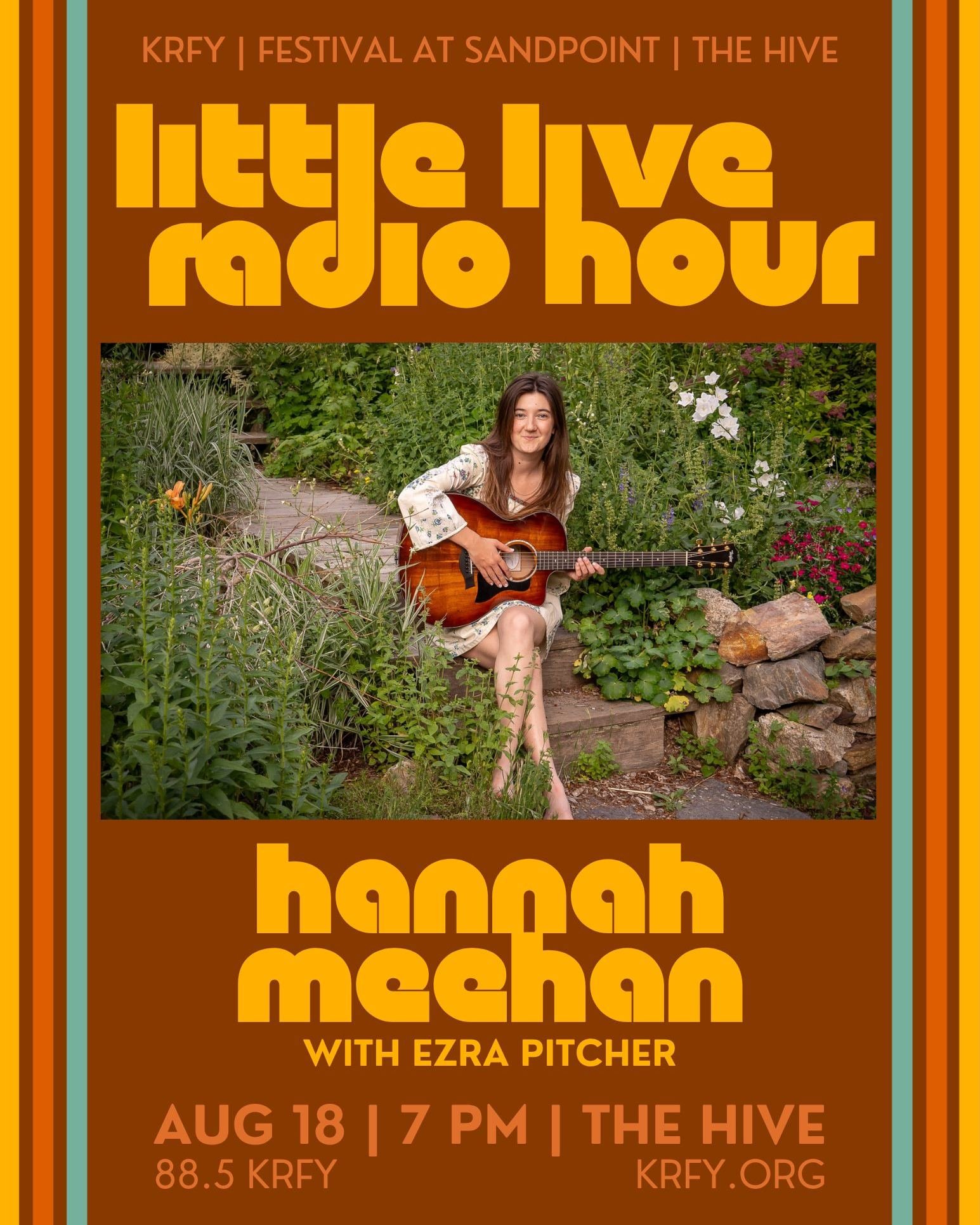 Join us next Tuesday, August 18, at 7 PM at The Hive for Little Live Radio Hour featuring folk singer-songwriter @hannahmeehanmusic with Ezra Pitcher!

Admission is free, and all ages are welcome. Attend in person, tune in on 88.5 KRFY FM, or stream 