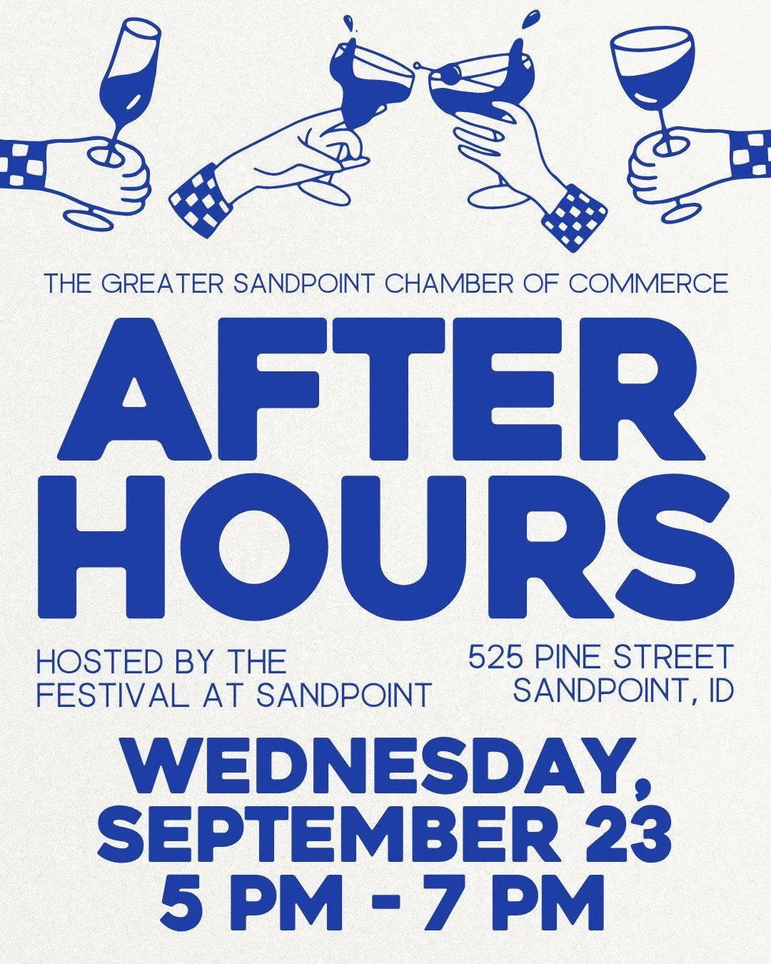 We are hosting the @sandpointchamber After Hours next Wednesday, September 23, from 5 PM - 7 PM! 🍷🎊

Join us for door prizes, complimentary drinks and snacks, and to learn about what we do the other 50 weeks of the year here at the Festival office,