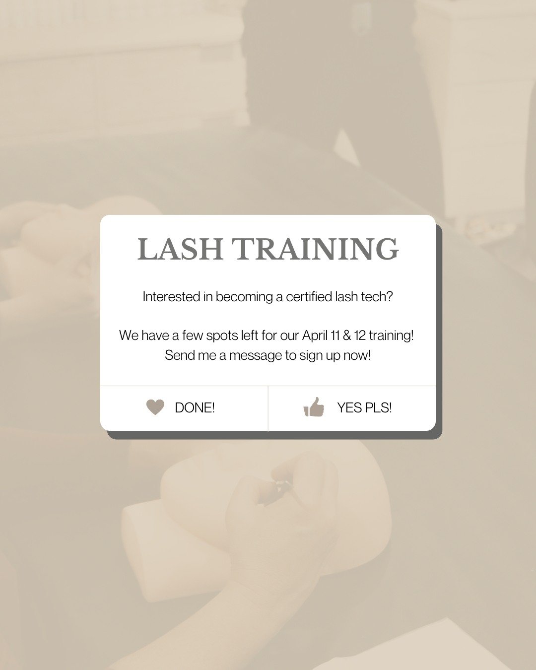 Ahhh the countdown is on! My next lash training course I'm offering is April 11-12th! 

Now is a perfect time to start your business because spring is HUGE for bookings and you'll have the whole season to build your clientele before the busy Summer w