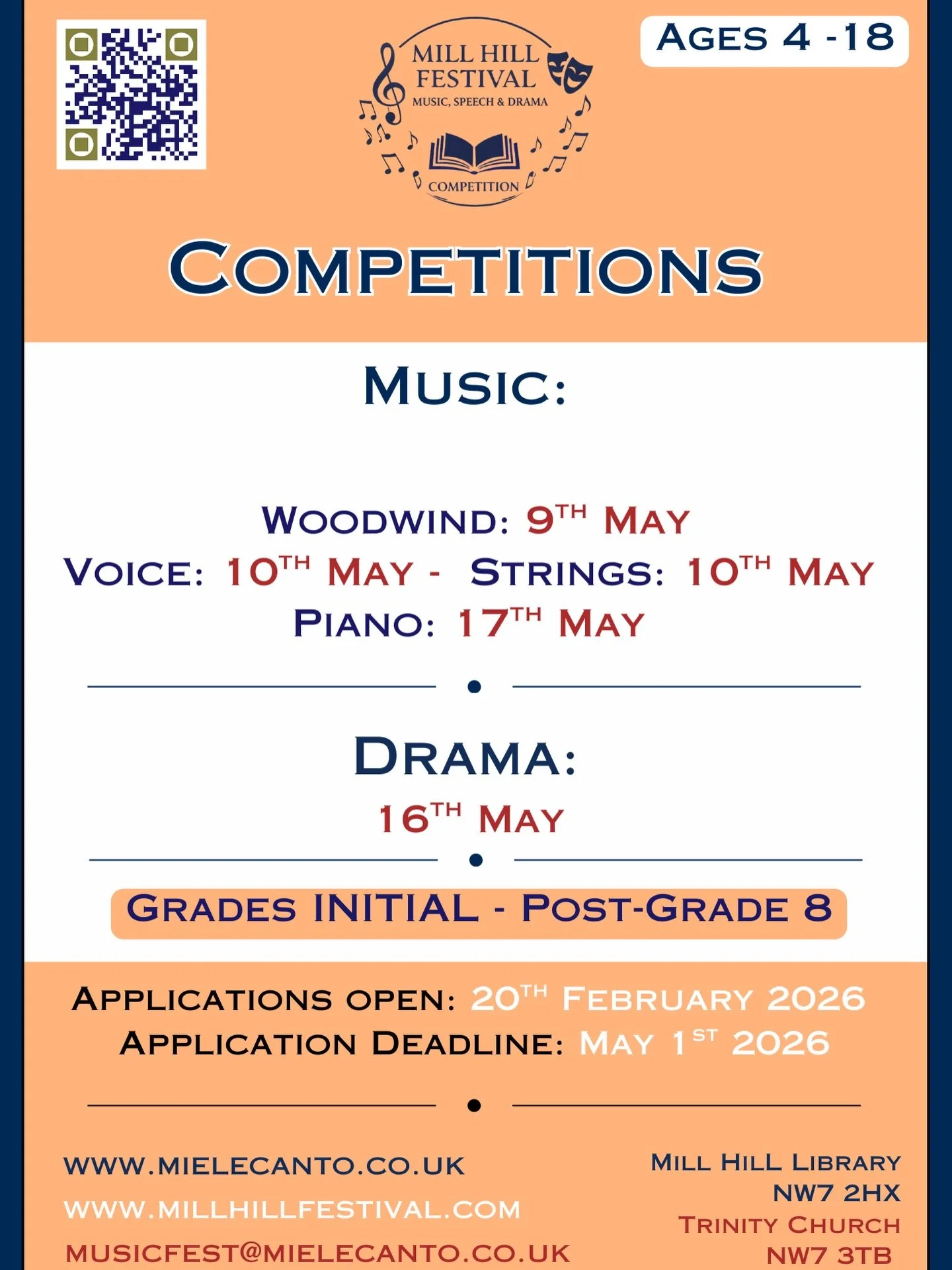 Competition Dates for Music &amp; Drama 

To find out more and to enter please visit our website 
Link in bio 

#music #drama #festival #competition #millhill